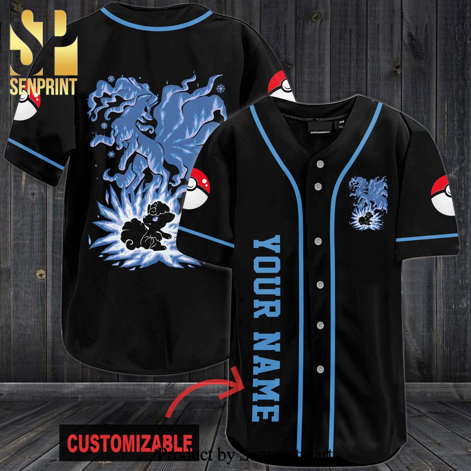 Personalized Blue Vulpix All Over Print Baseball Jersey - Black