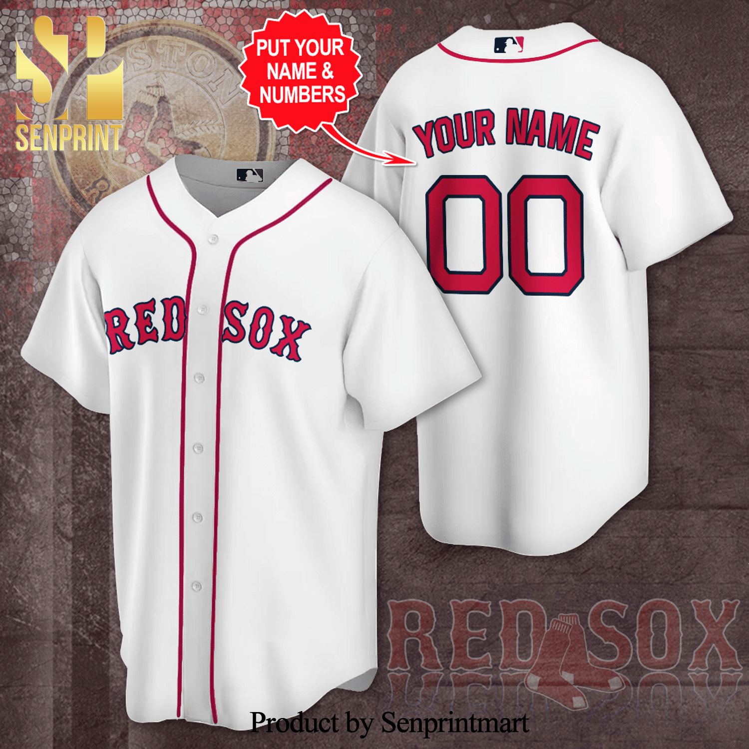 Personalized Boston Red Sox Full Printing Unisex Baseball Jersey - White Gray Red