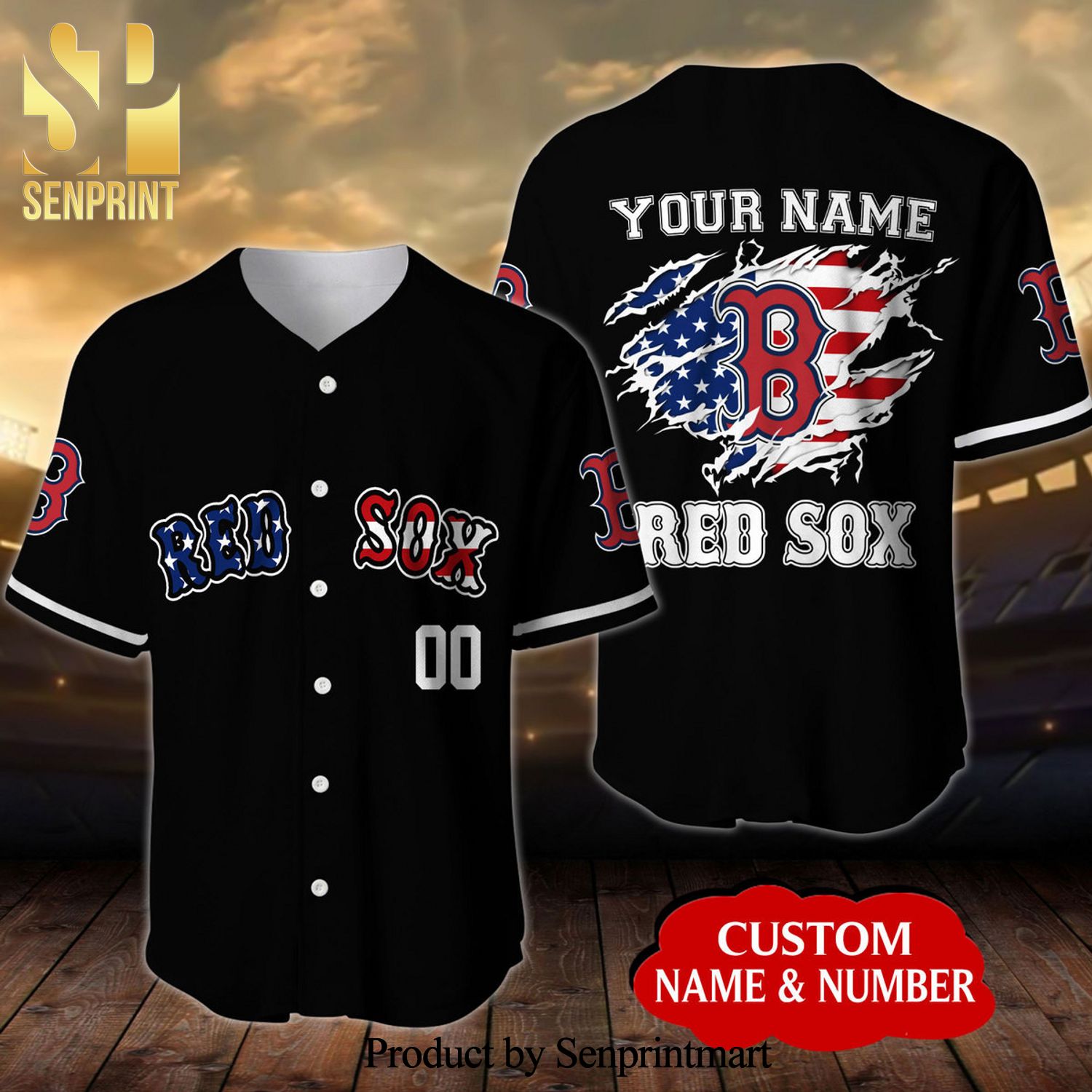 Personalized Boston Red Sox USA Flag Full Printing Unisex Baseball Jersey - Black