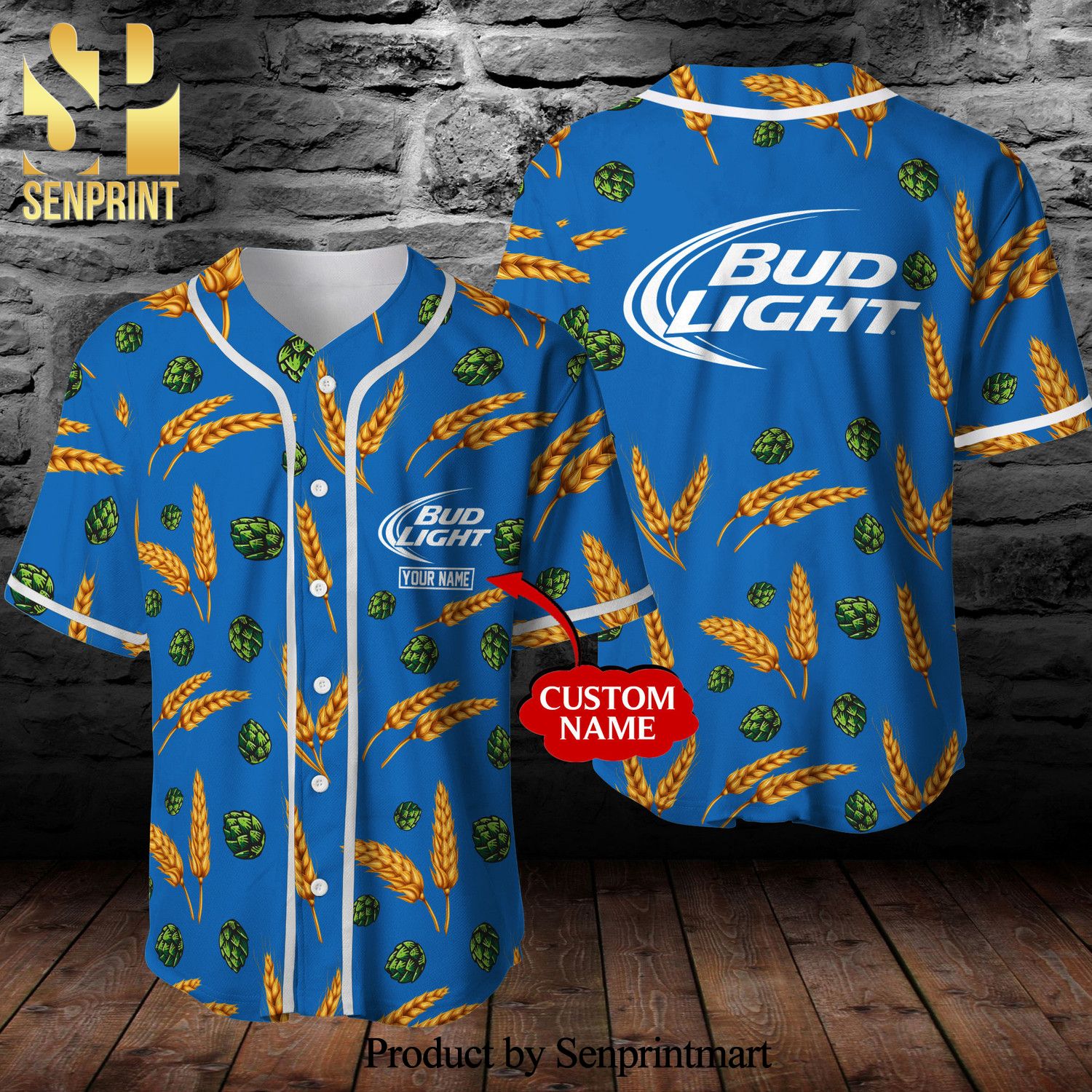 Personalized Bud Light Beer Wheat Pattern Full Printing Unisex Baseball Jersey - Blue
