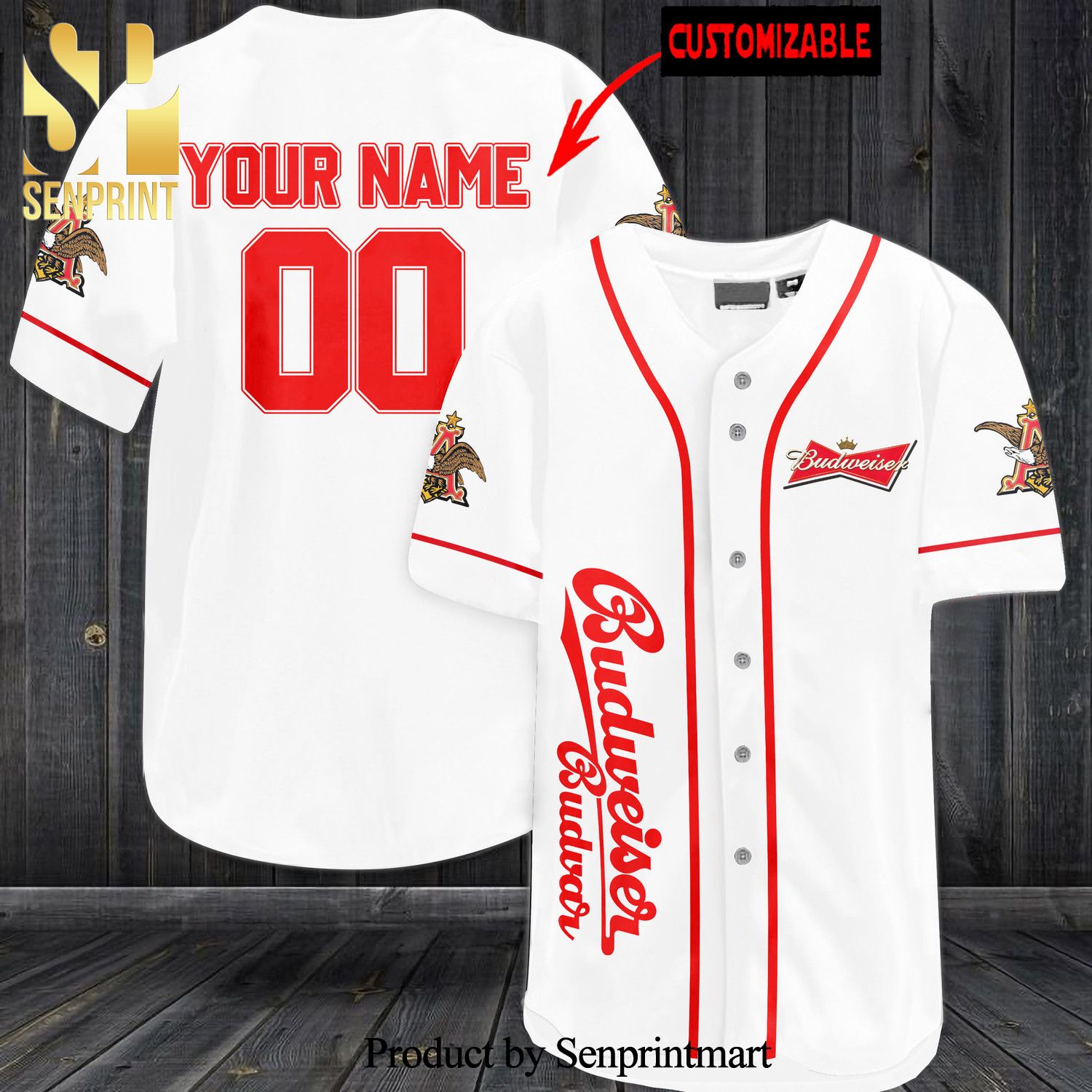 Personalized Budweiser All Over Print Baseball Jersey - White