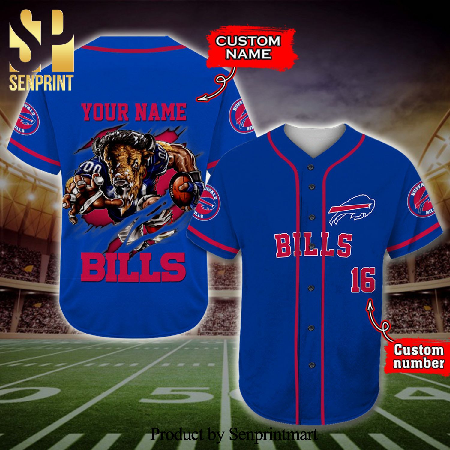 Personalized Buffalo Bills Mascot Full Printing Baseball Jersey