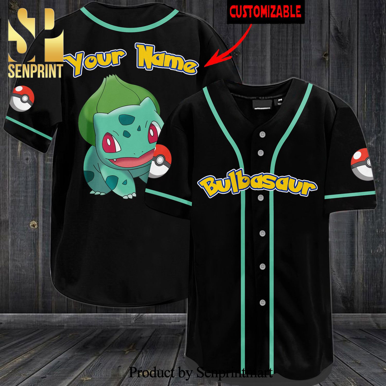 Personalized Bulbasaur All Over Print Baseball Jersey – Black