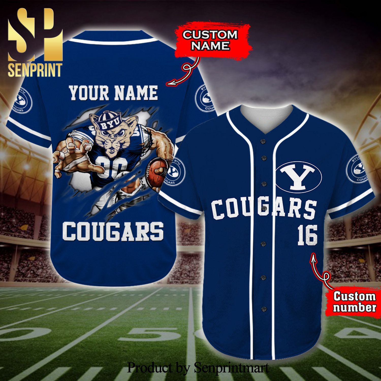 Personalized Byu Cougars Mascot Full Printing Baseball Jersey – Navy