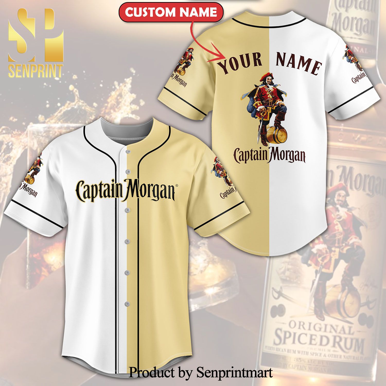 Personalized Captain Morgan All Over Print Unisex Baseball Jersey - White Yellow