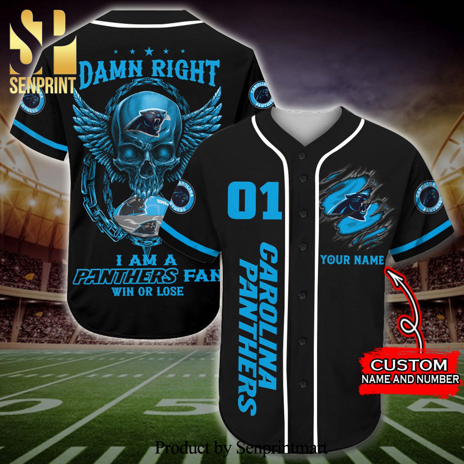 Personalized Carolina Panthers Skull Damn Right Full Printing Baseball Jersey