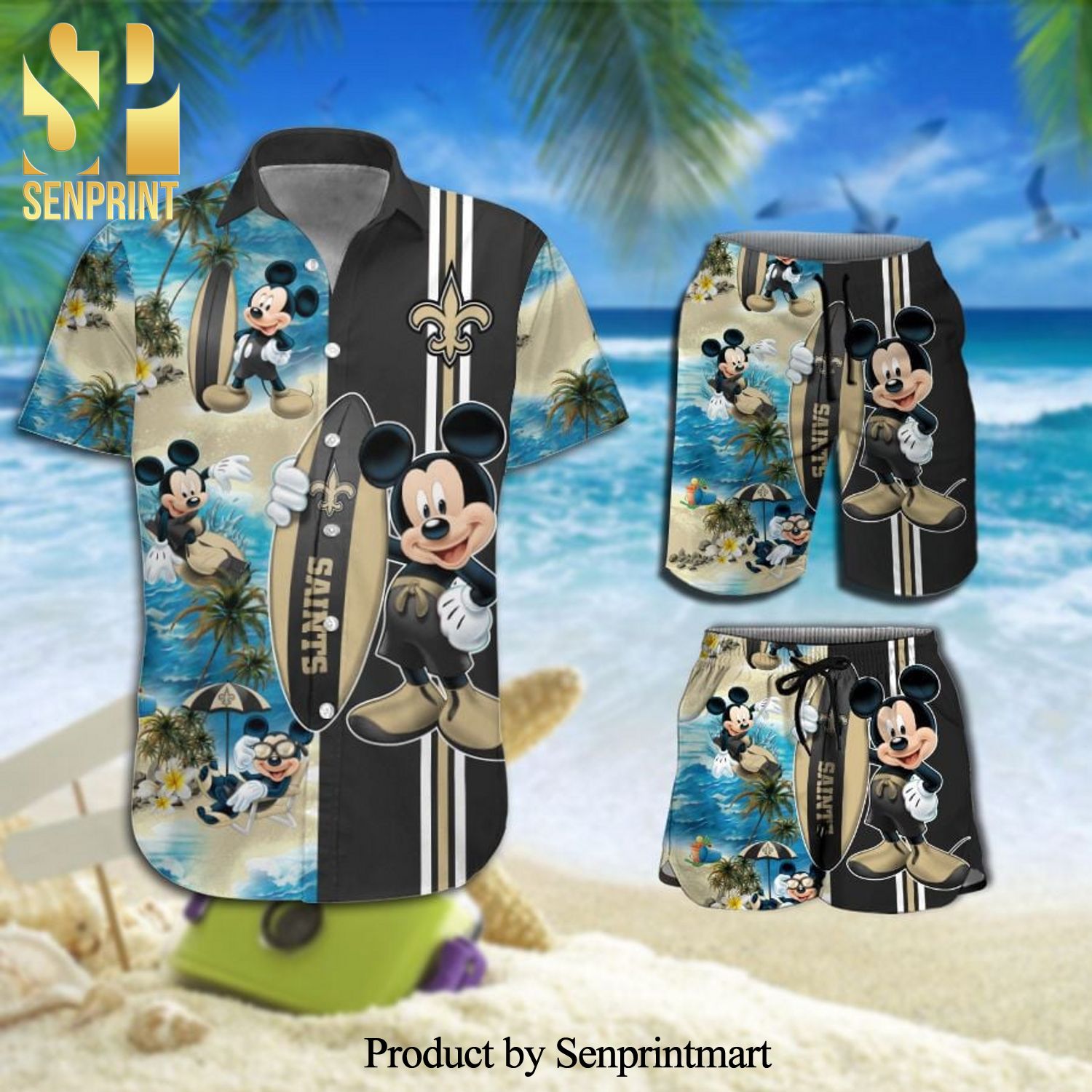 New Orleans Saints Mickey Mouse Full Printing Hawaiian Shirt And Beach Shorts