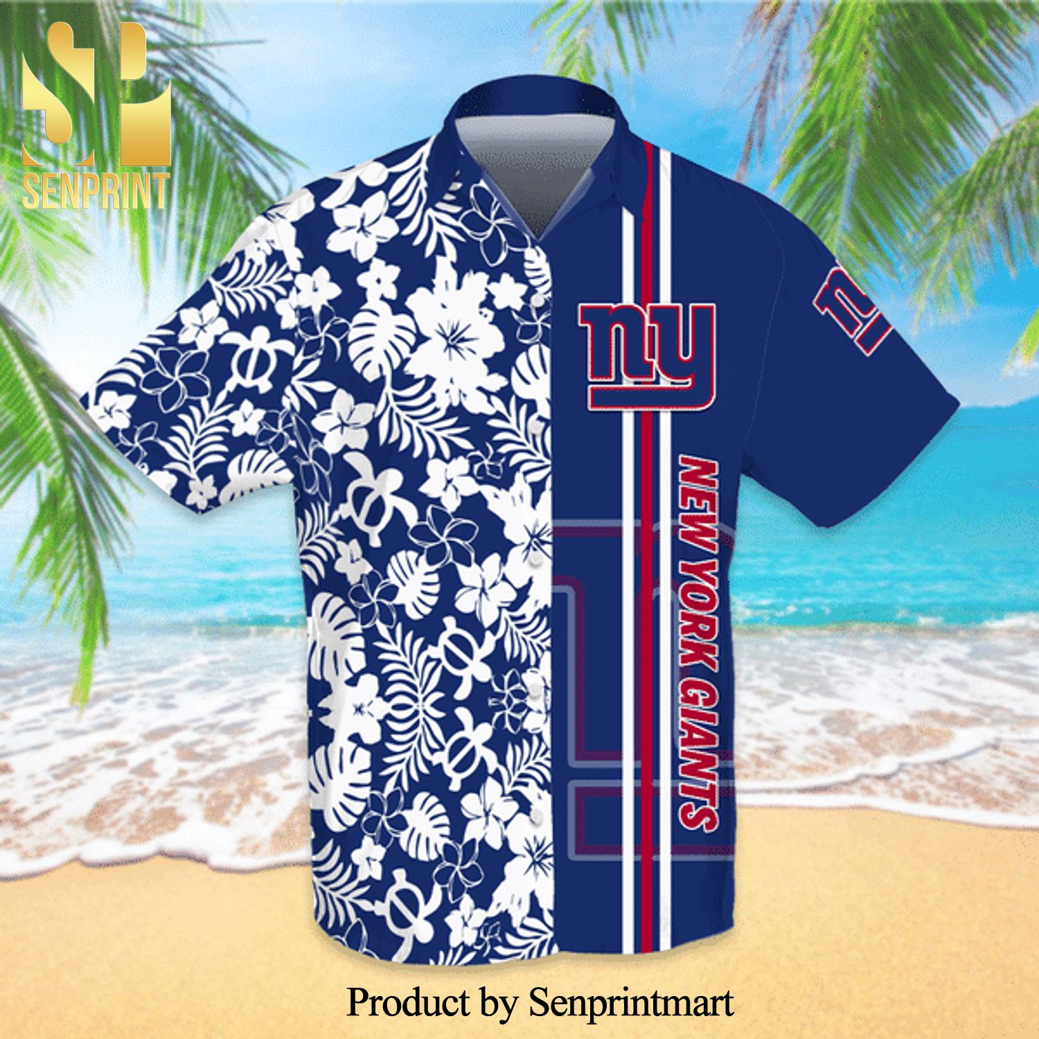 New York Giants Full Printing Flowery Short Sleeve Dress Shirt Hawaiian Summer Aloha Beach Shirt – Navy