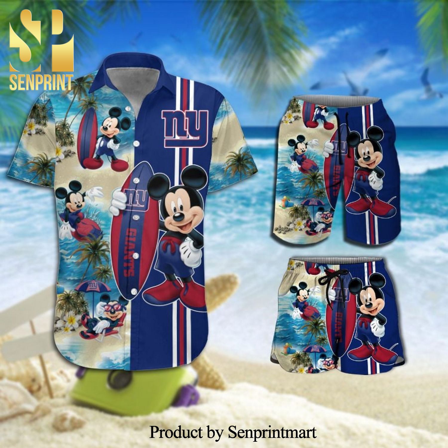 New York Giants Mickey Mouse Surfing On The Beach Full Printing Combo Hawaiian Shirt And Beach Shorts – Navy