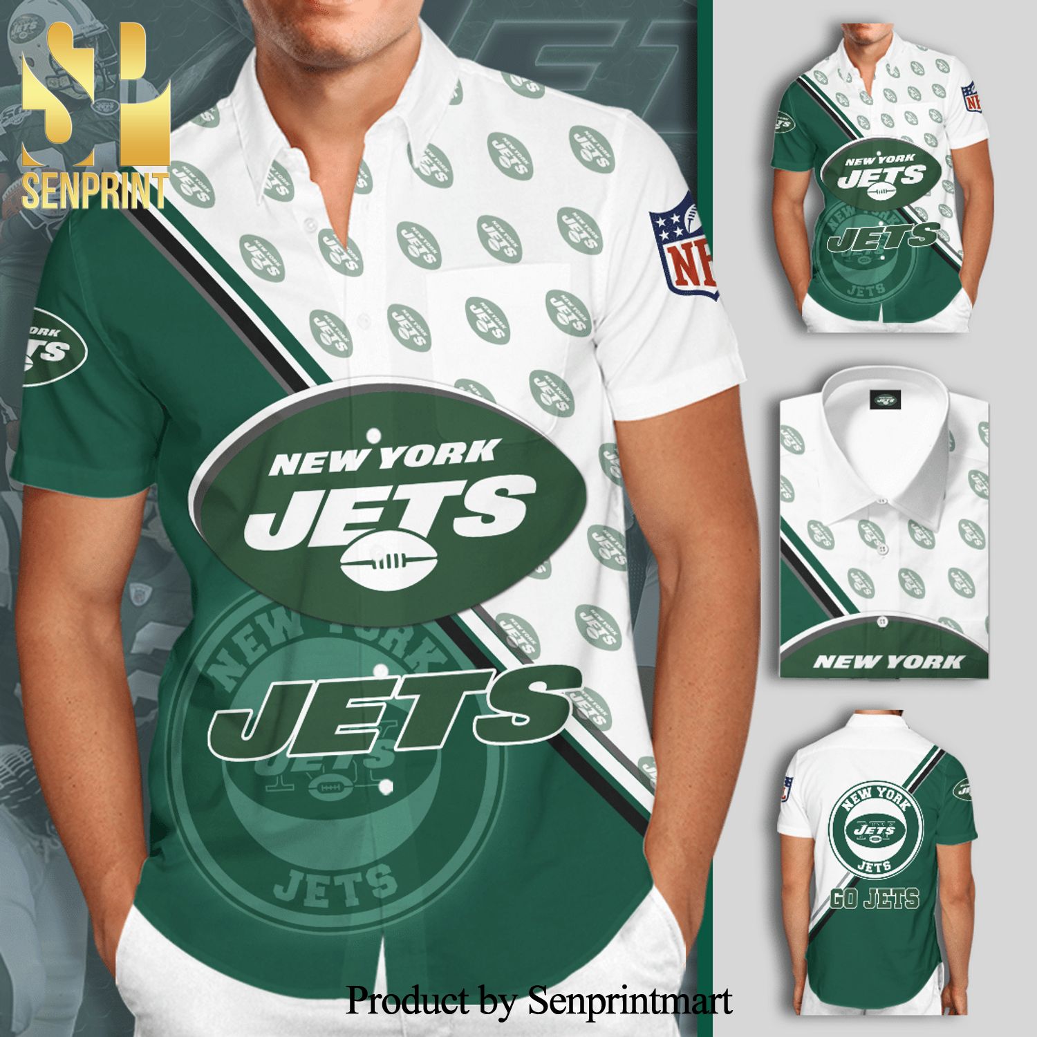 New York Jets Full Printing Short Sleeve Dress Shirt Hawaiian Summer Aloha Beach Shirt – Green White
