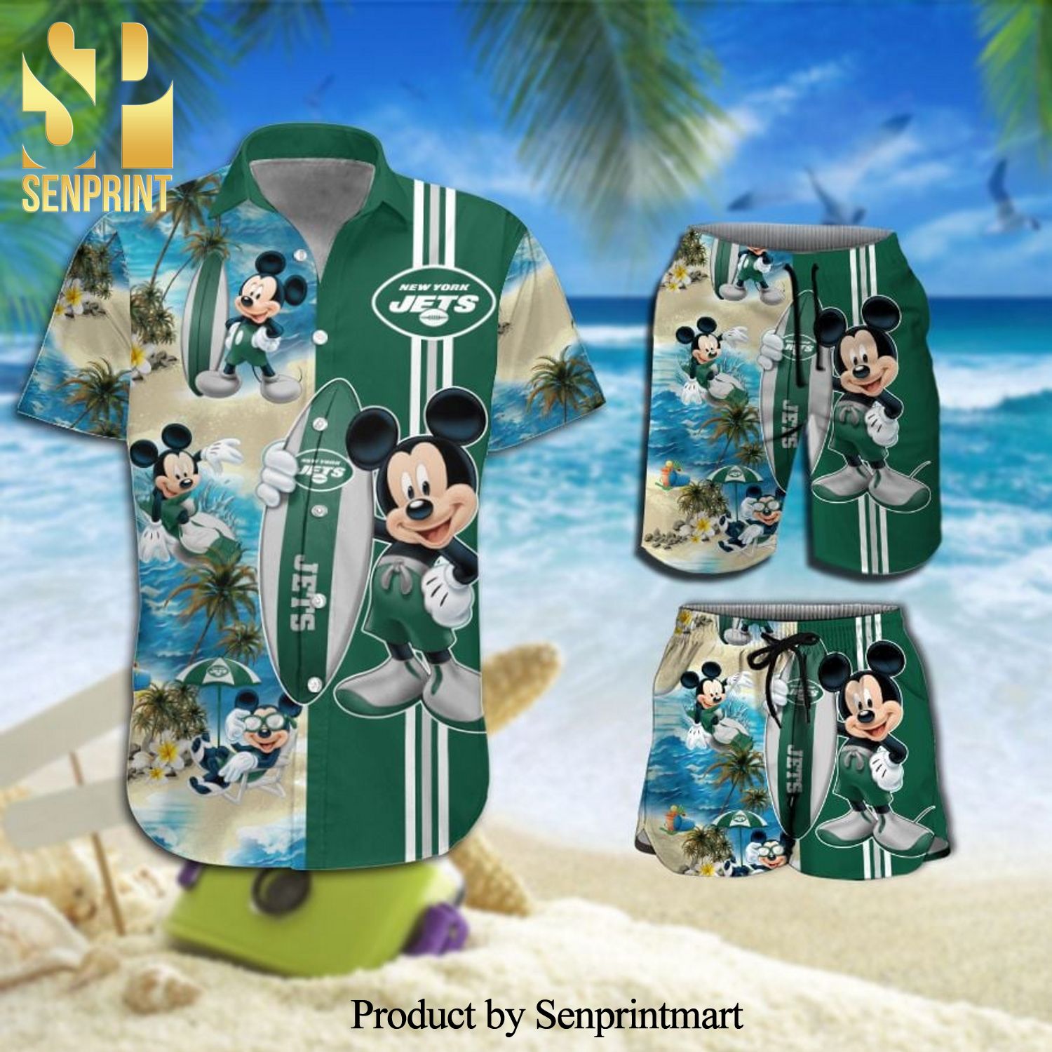 New York Jets Mickey Mouse Full Printing Hawaiian Shirt And Beach Shorts