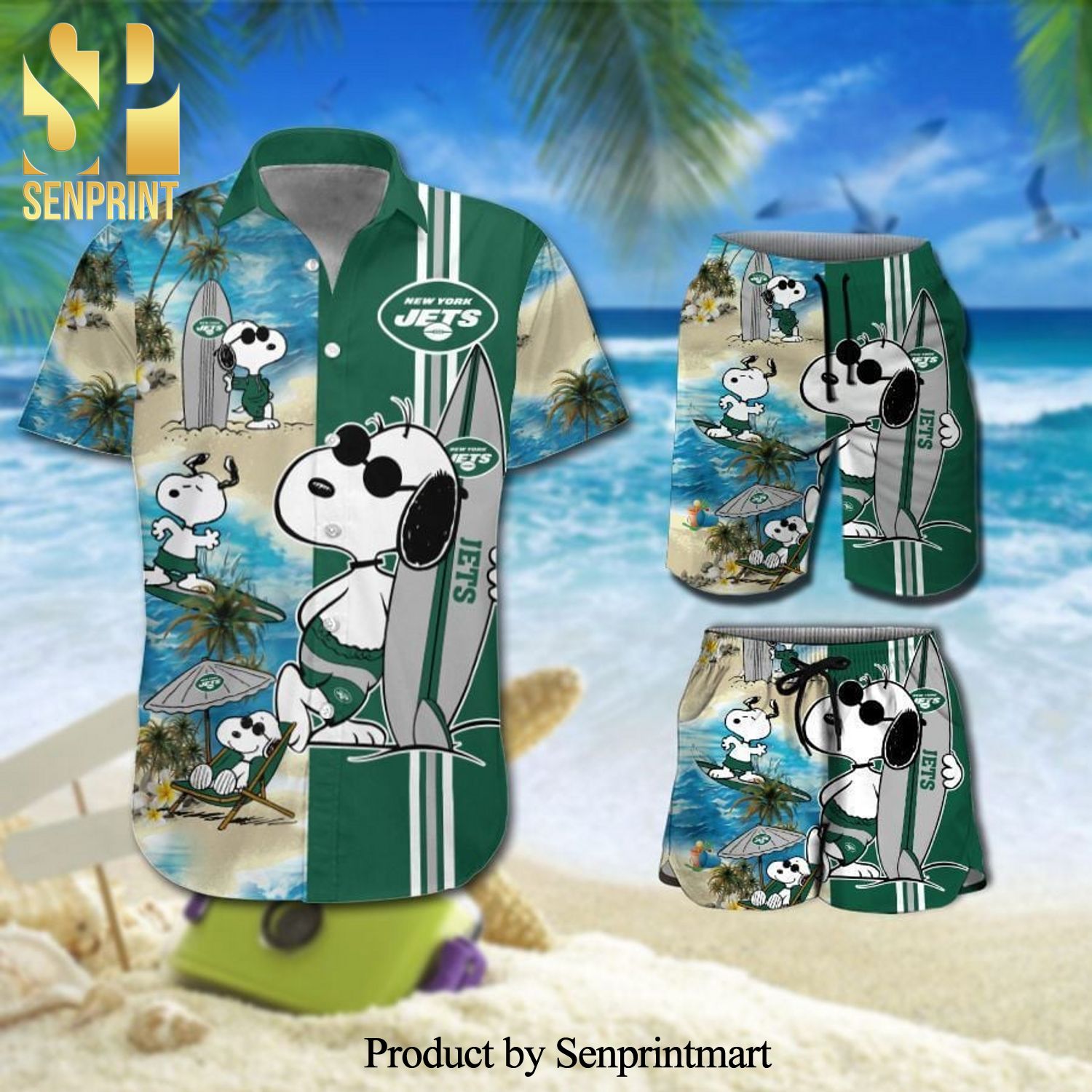 New York Jets Snoopy Surfing On The Beach Full Printing Combo Hawaiian Shirt And Beach Shorts – Green
