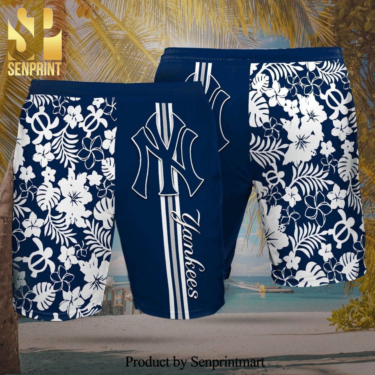 New York Yankees Full Printing Stripes Flowery Summer Hawaiian Beach Shorts – Navy