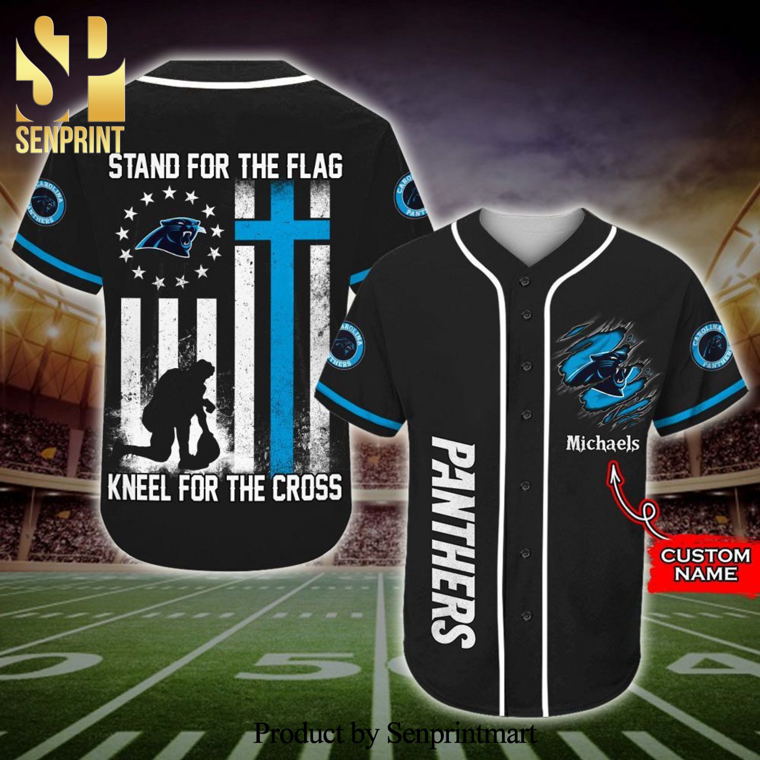 Personalized Carolina Panthers Stand For The Flag Kneel For The Cross Full Printing Baseball Jersey – Black