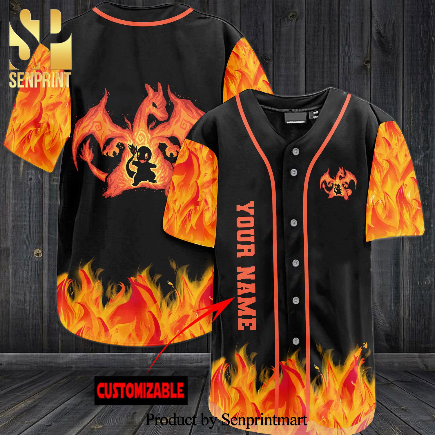 Personalized Charizard Fire All Over Print Baseball Jersey – Black