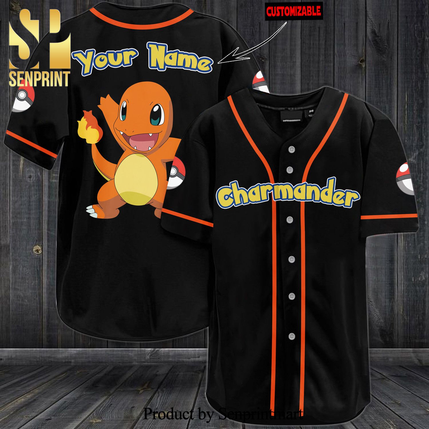 Personalized Charmander All Over Print Baseball Jersey – Black
