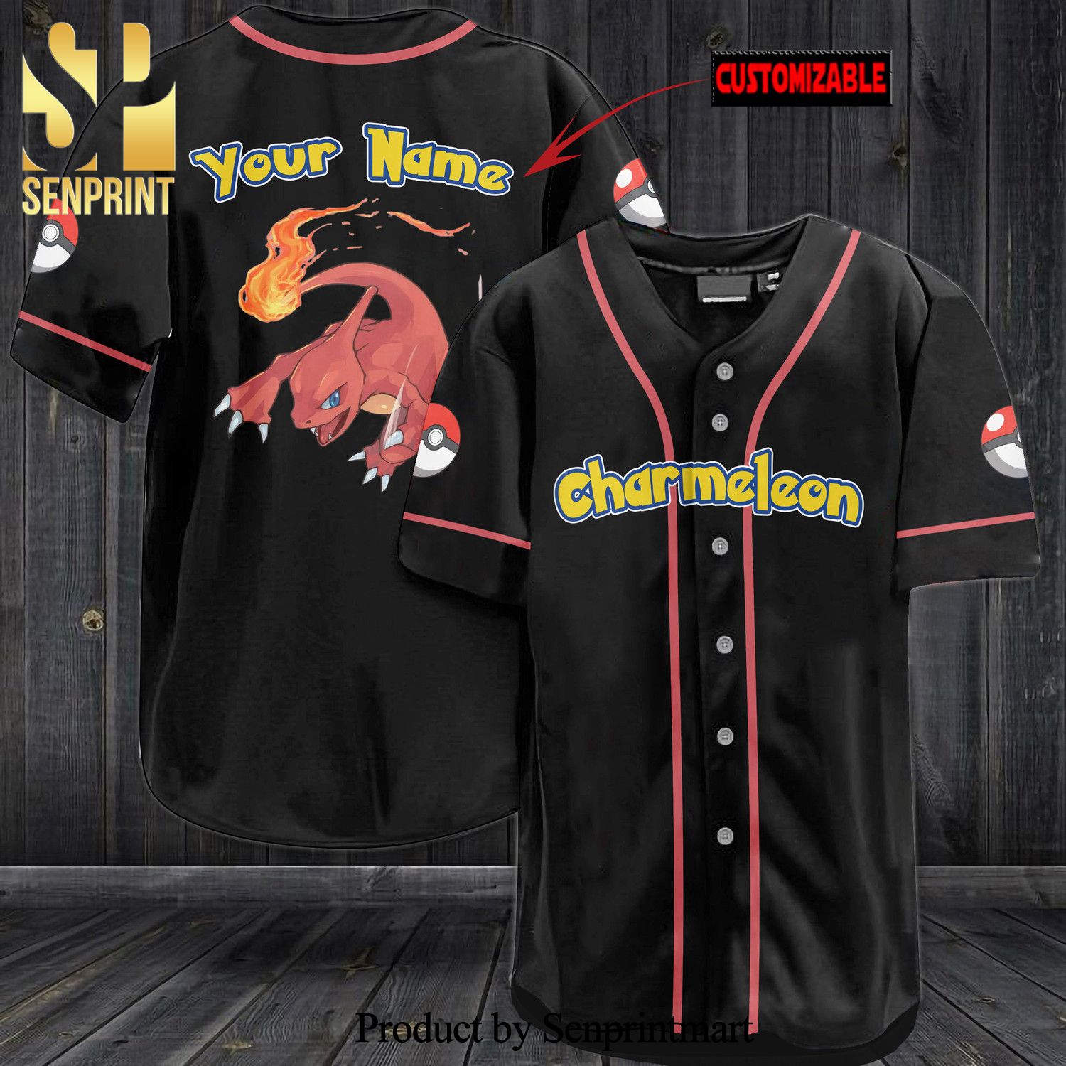 Personalized Charmeleon All Over Print Baseball Jersey – Black