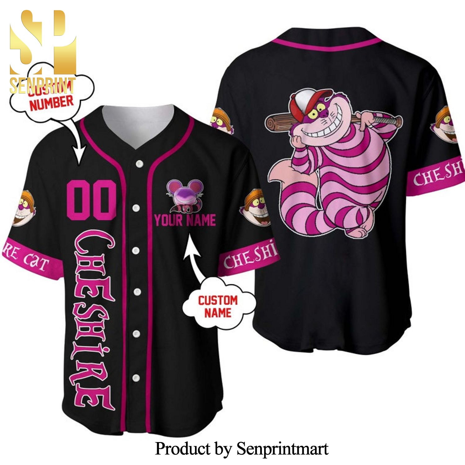 Personalized Cheshire Cat Disney All Over Print Baseball Jersey – Black