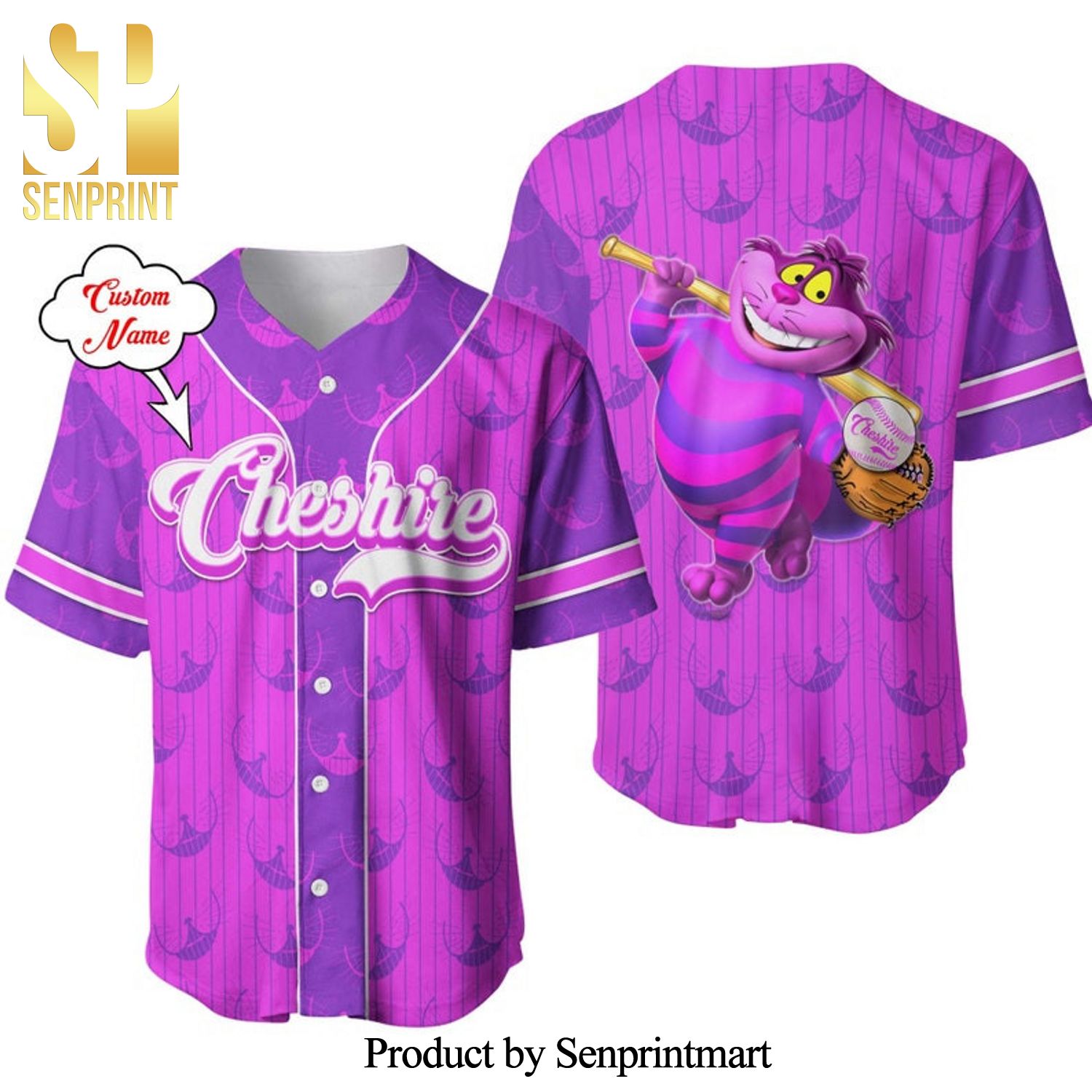 Personalized Cheshire Cat Pattern Alice In Wonderland Full Printing Pinstripe Baseball Jersey – Pink