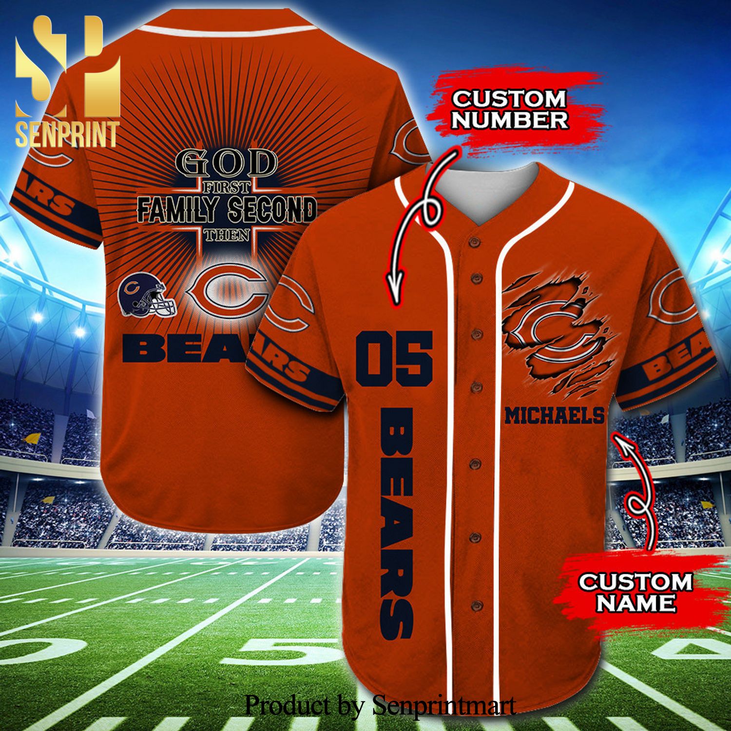 Personalized Chicago Bears God First Family Second Full Printing Baseball Jersey
