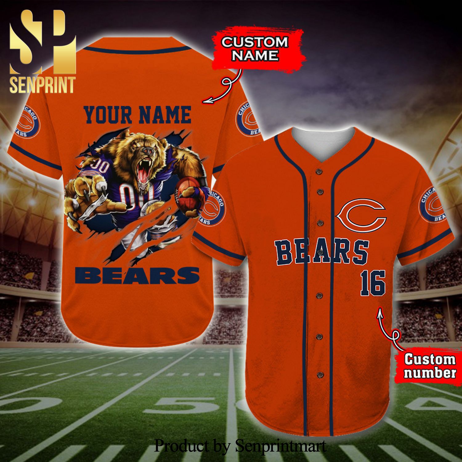 Personalized Chicago Bears Mascot Full Printing Baseball Jersey