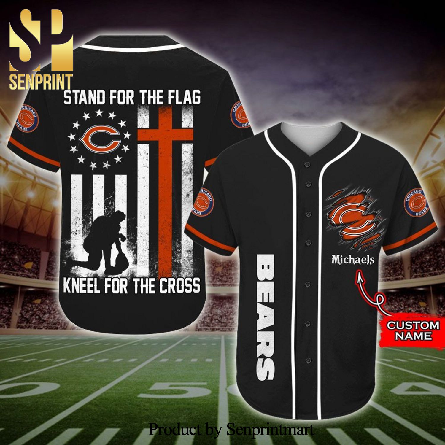 Personalized Chicago Bears Stand For The Flag Kneel For The Cross Full Printing Baseball Jersey – Black