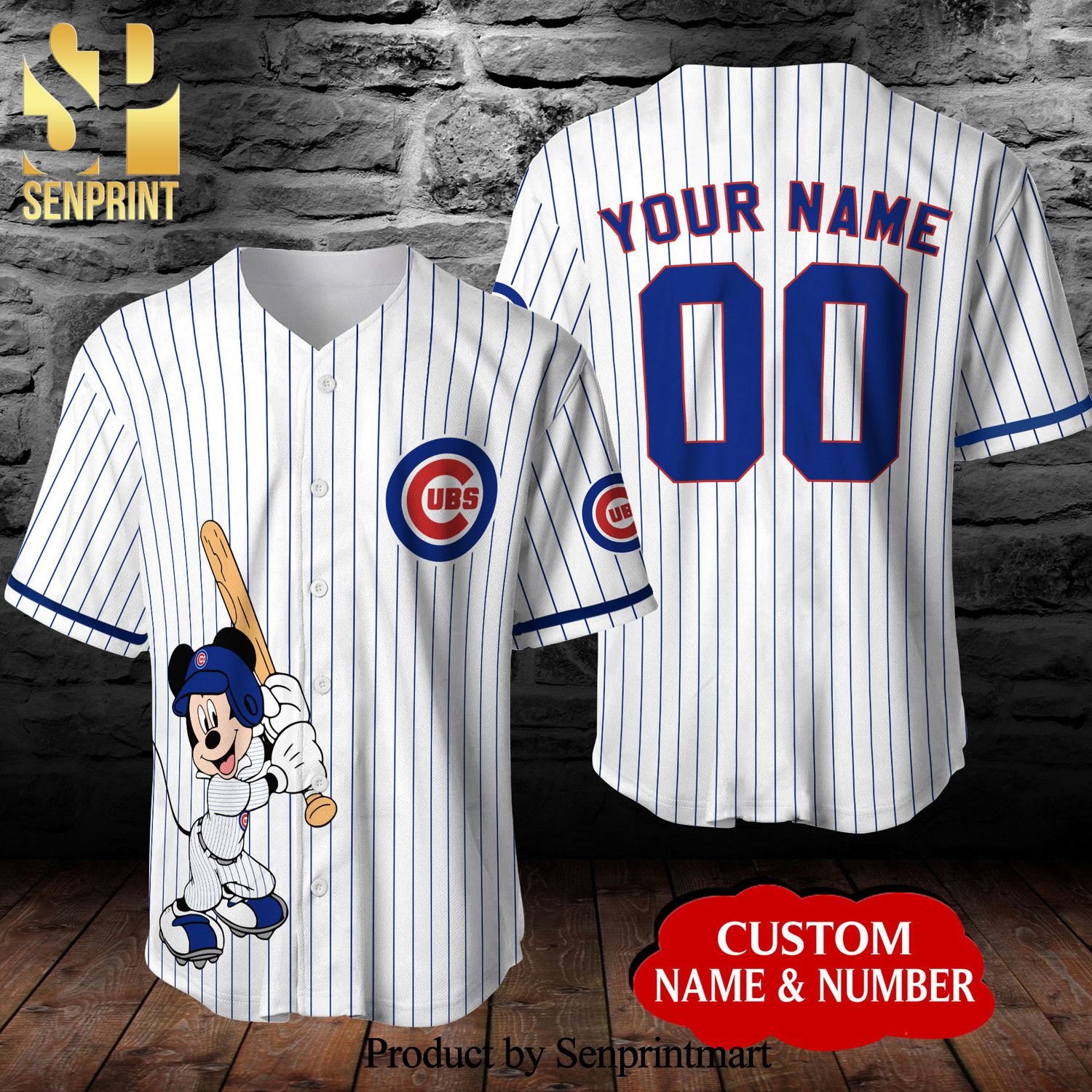 Personalized Chicago Cubs MLB Mickey Mouse All Over Print Unisex Pinstripe Baseball Jersey – White
