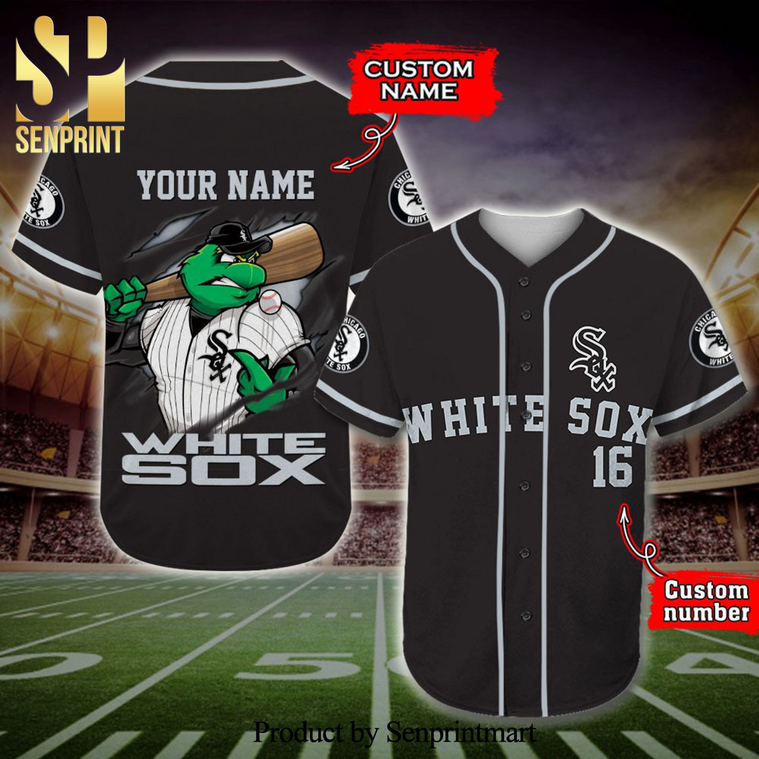 Personalized Chicago White Sox Mascot Full Printing Baseball Jersey – Black