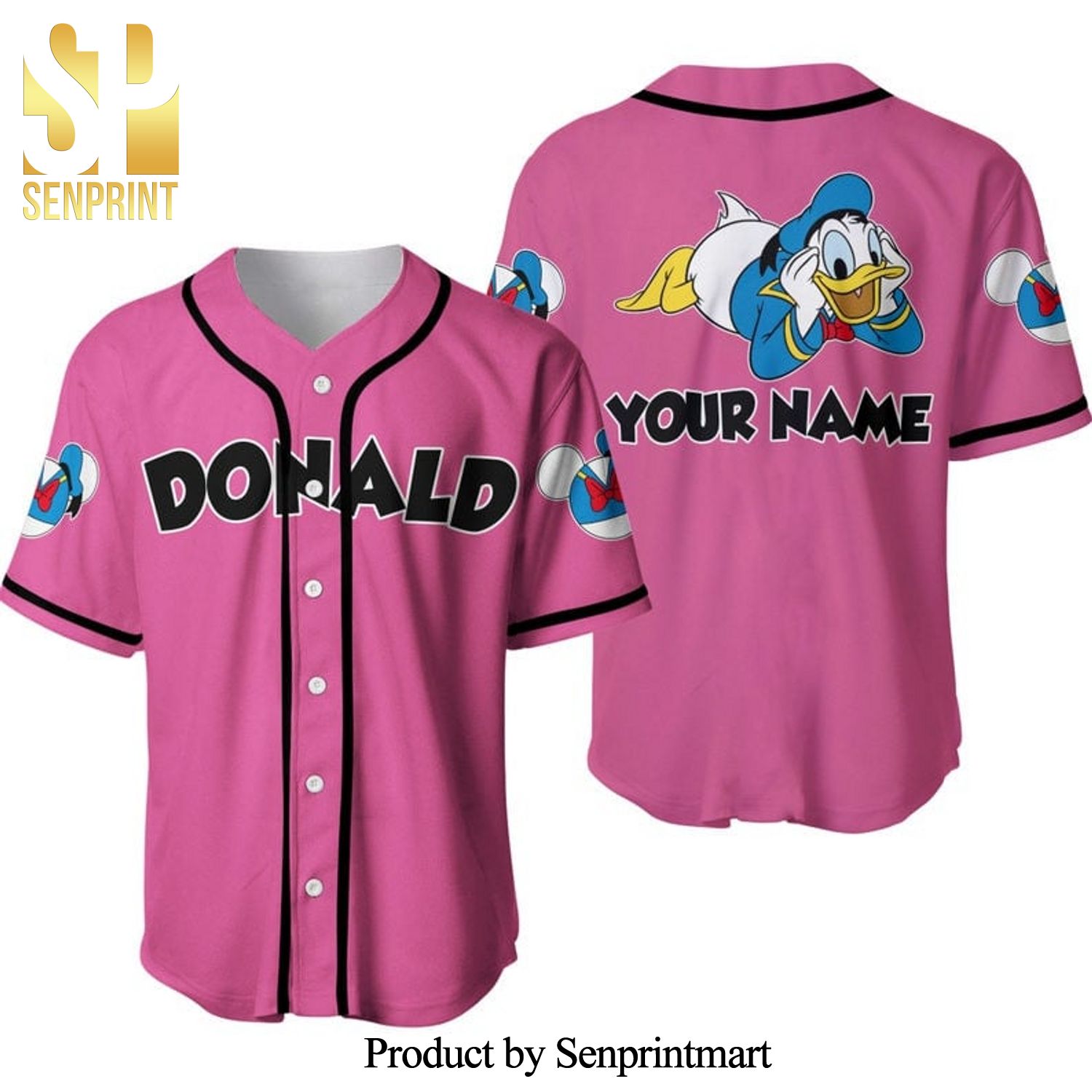 Personalized Chilling Donald Duck Disney All Over Print Baseball Jersey – Pink