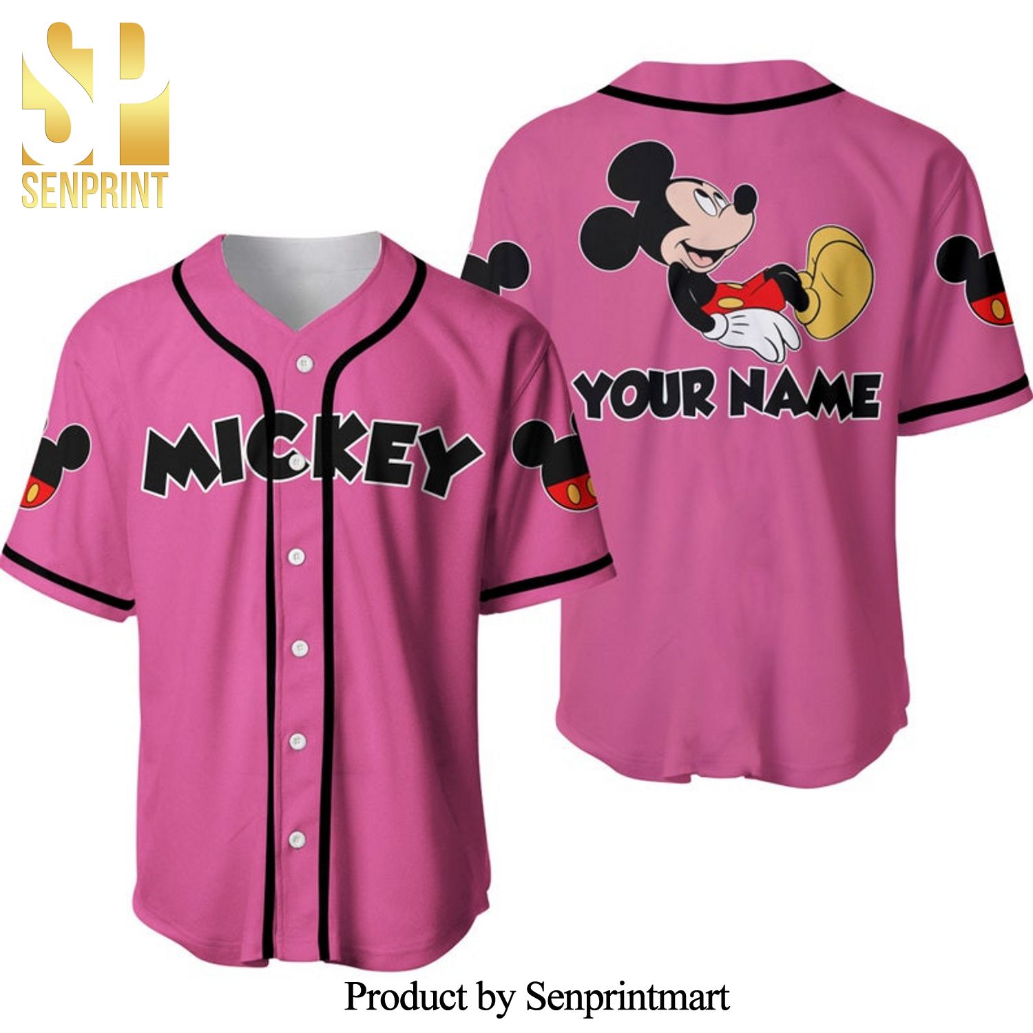 Personalized Chilling Mickey Mouse Disney All Over Print Baseball Jersey – Pink
