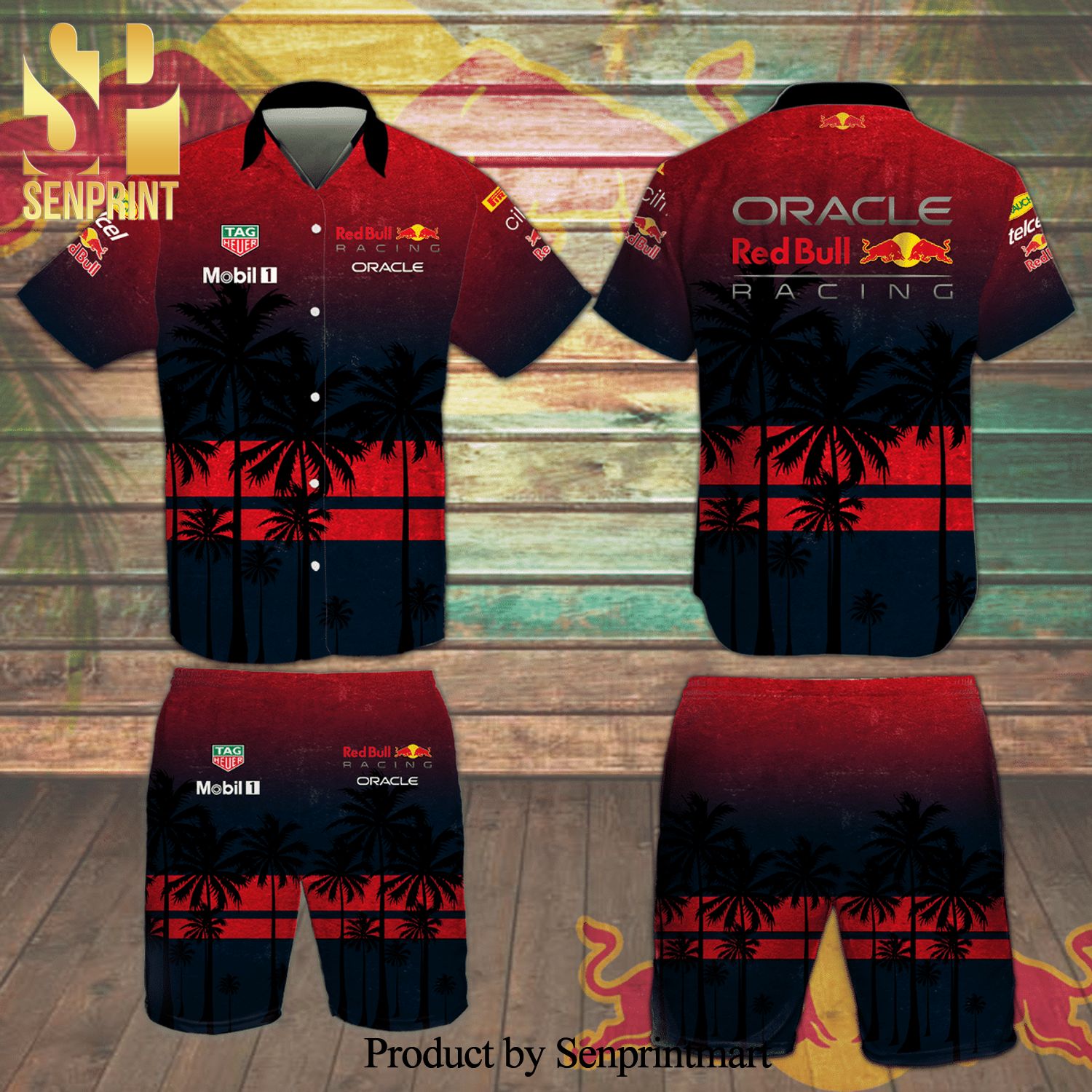 Oracle Red Bull F1 Racing Mobil 1 Tag Heuer Palm Tree Full Printing Aloha Summer Beach Hawaiian Shirt And Beach Shorts – Black Red
