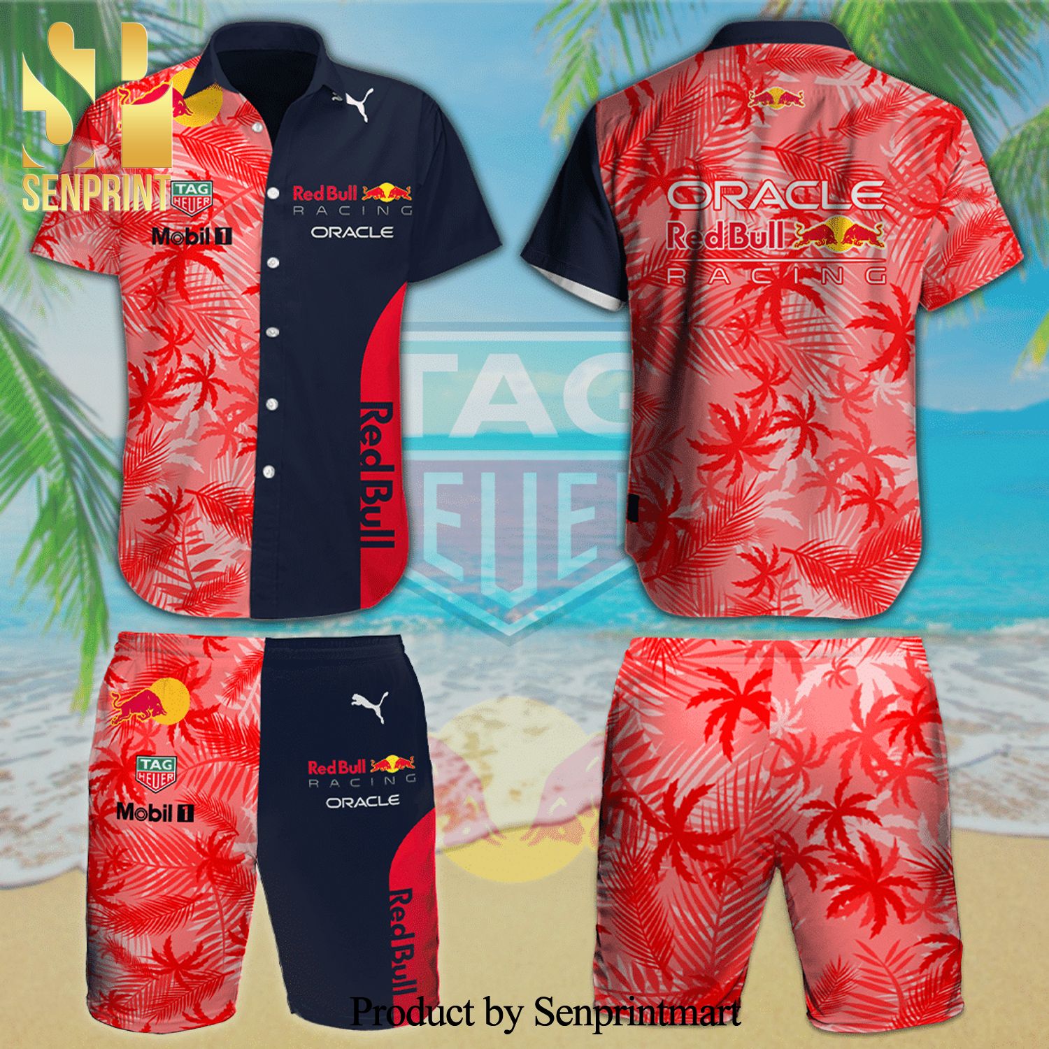 Oracle Red Bull Racing Palm Tree Pattern Full Printing Aloha Summer Beach Hawaiian Shirt And Beach Shorts – Red Navy