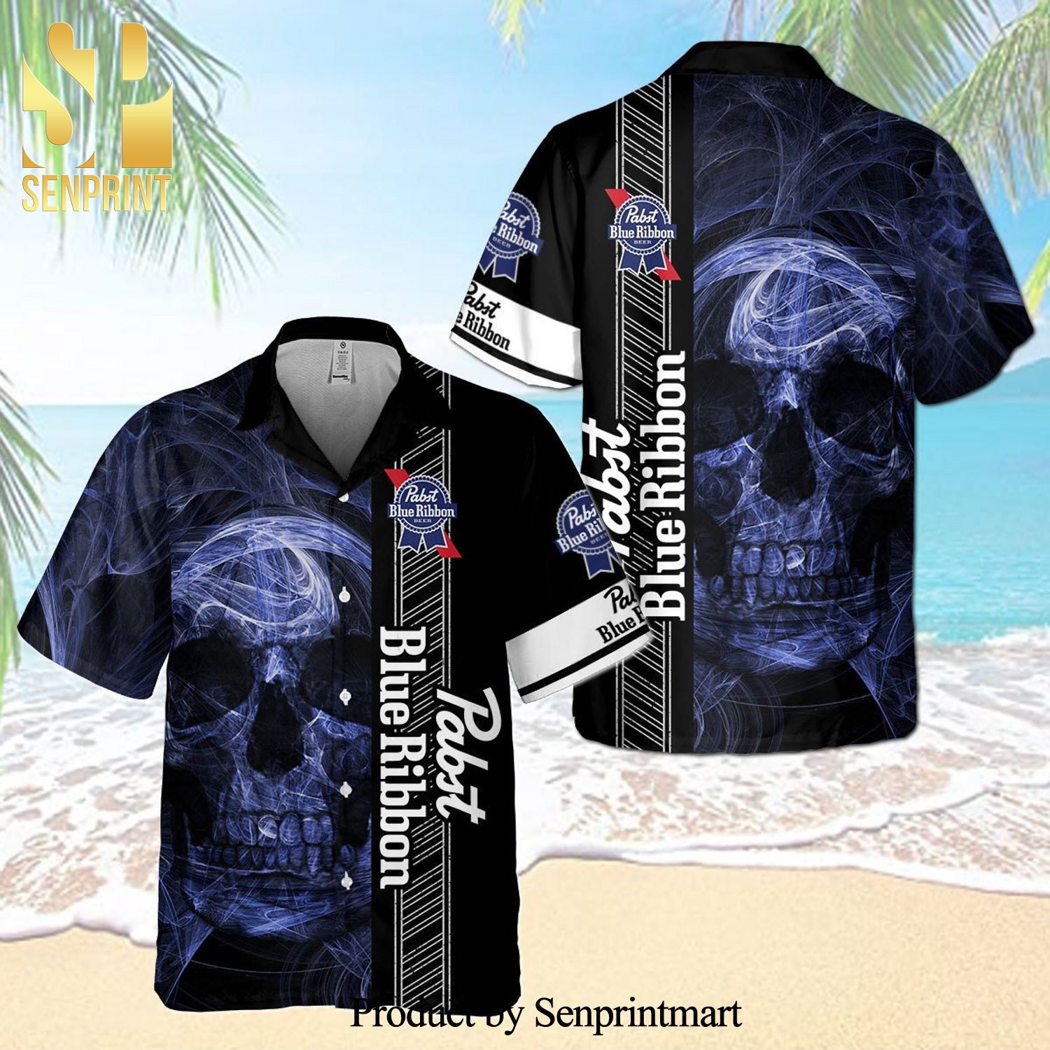 Pabst Blue Ribbon Smoky Blue Skull Full Printing Aloha Summer Beach Hawaiian Shirt – Black