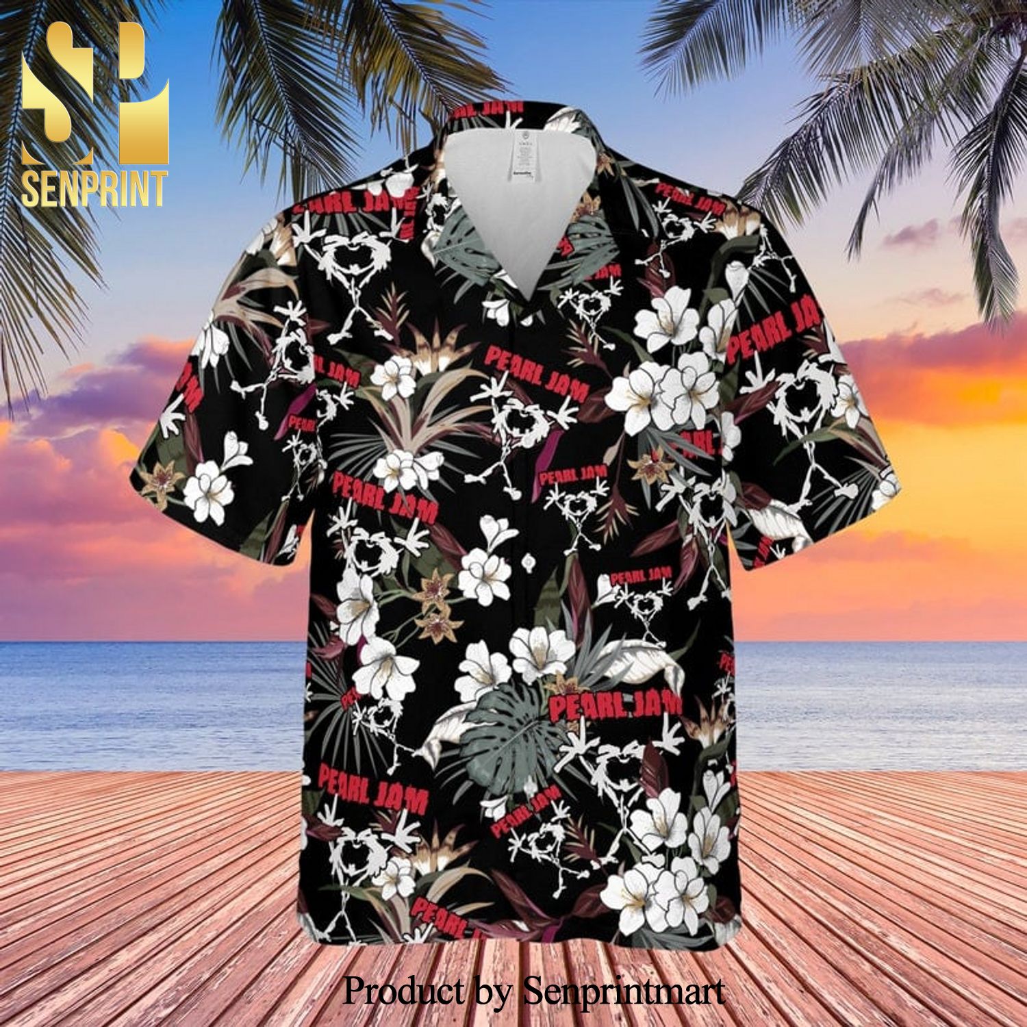 Pearl Jam Rock Band And Tropical Forest Full Printing Hawaiian Shirt – Black
