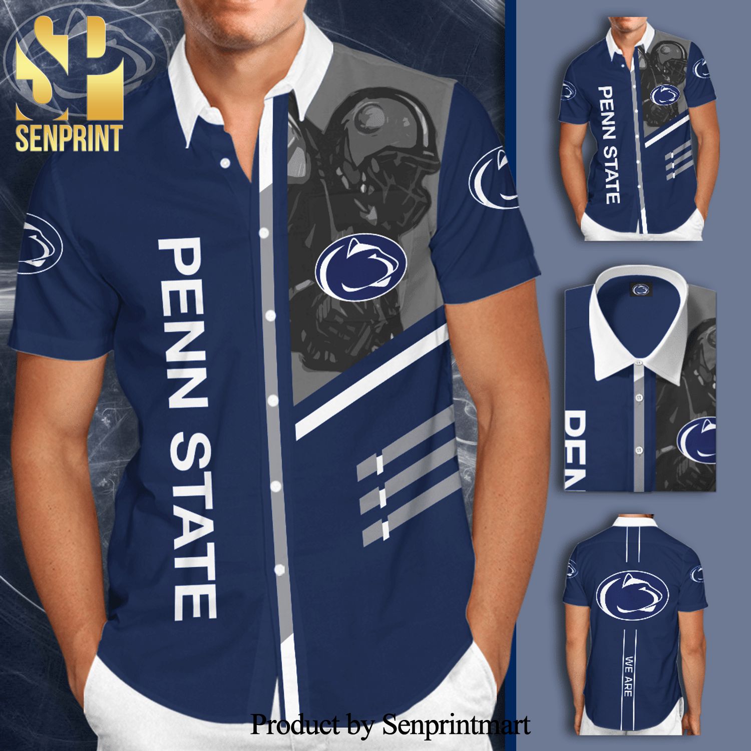 Penn State Nittany Lions Full Printing Short Sleeve Dress Shirt Hawaiian Summer Aloha Beach Shirt – Navy