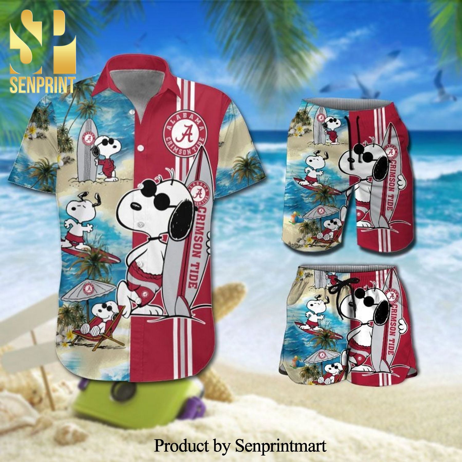 Personalized Alabama Crimson Tide Snoopy 3D Full Printing Hawaiian Shirt And Beach Shorts