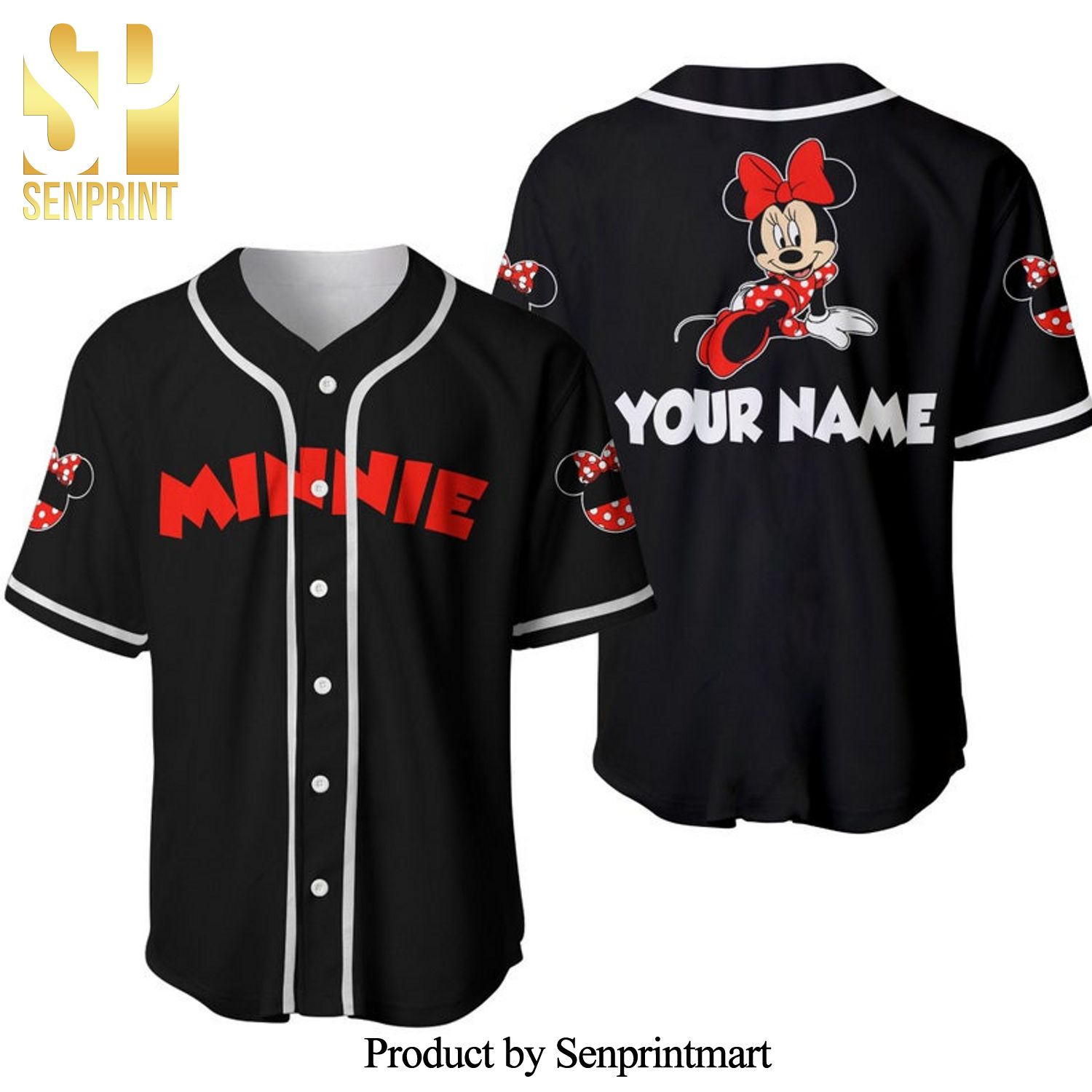 Personalized Chilling Red Minnie Mouse Disney All Over Print Baseball Jersey - Black