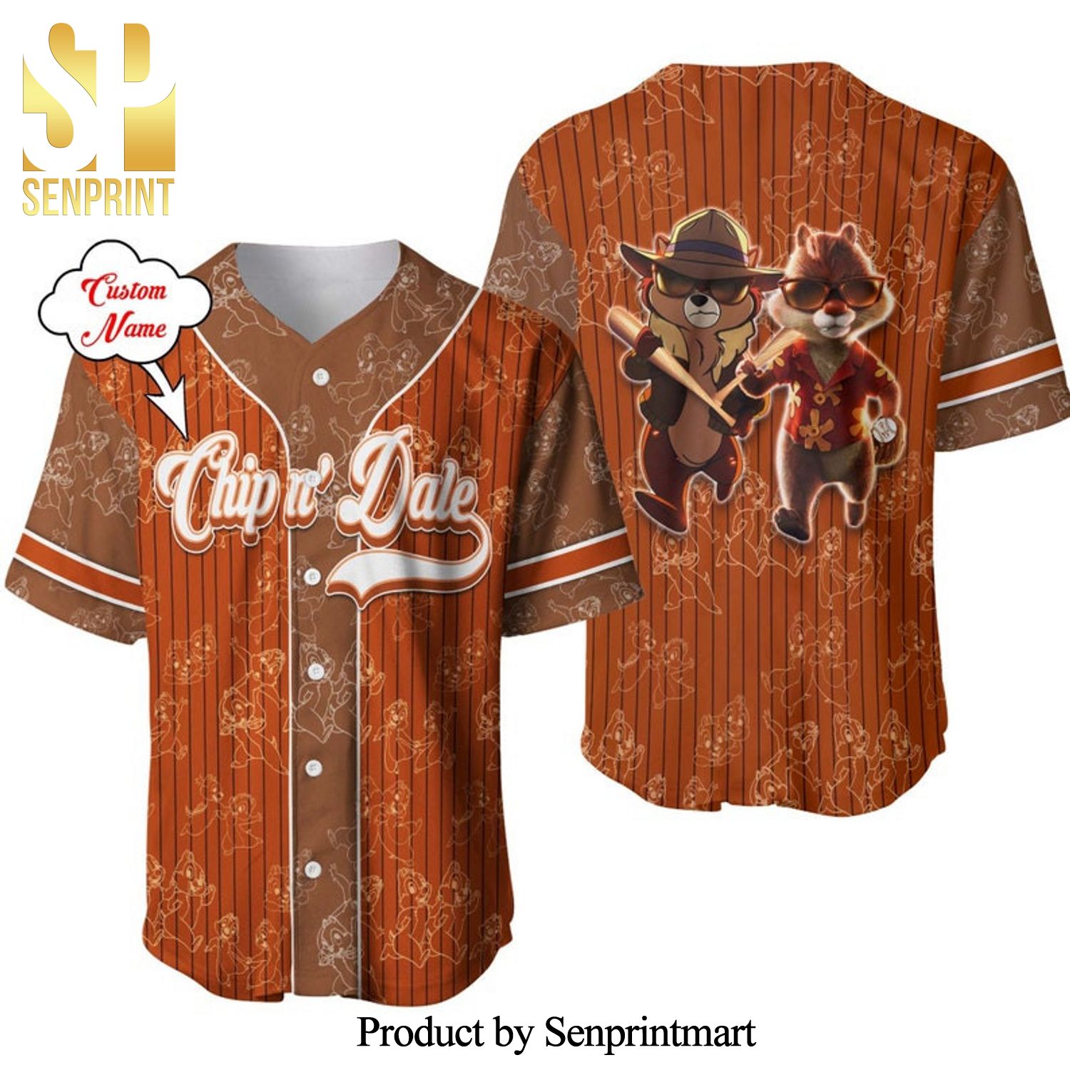 Personalized Chip N’ Dale Pattern Disney Full Printing Pinstripe Baseball Jersey – Brown
