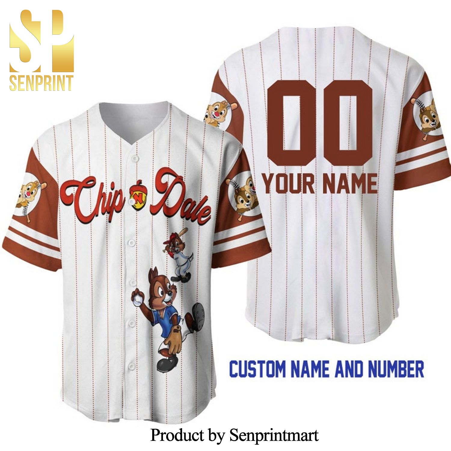 Personalized Chipmunks Chip & Dale All Over Print Pinstripe Baseball Jersey – White