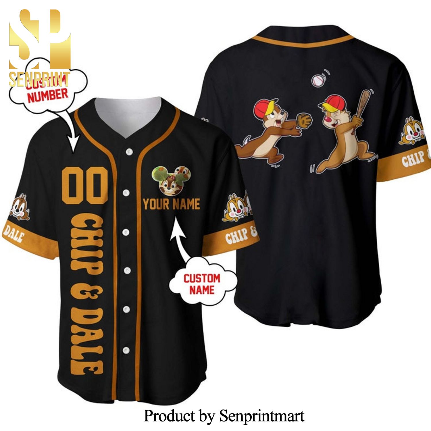Personalized Chipmunks Chip & Dale Disney Playing Baseball All Over Print Baseball Jersey - Black