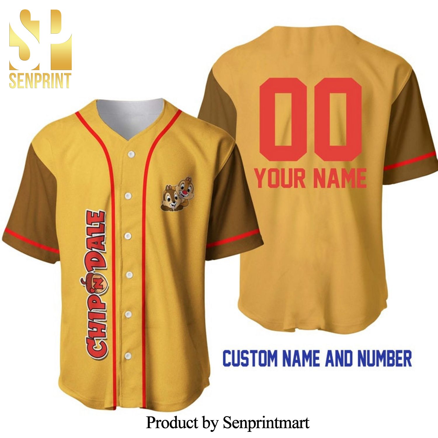 Personalized Chipmunks Chip 'n' Dale All Over Print Baseball Jersey - Gold Brown