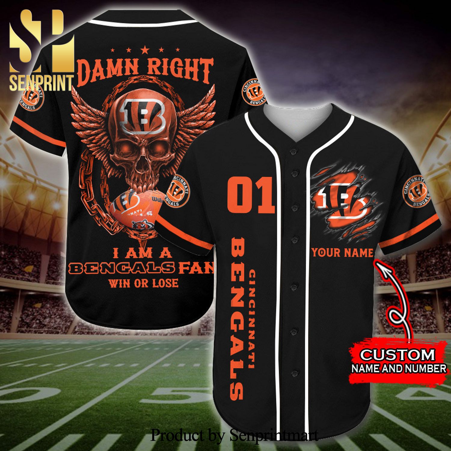 Personalized Cincinnati Bengals Damn Right Skull Full Printing Baseball Jersey
