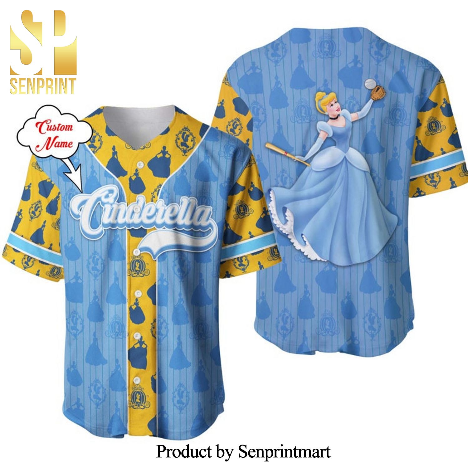 Personalized Cinderella Princess Pattern Disney Full Printing Pinstripe Baseball Jersey – Blue