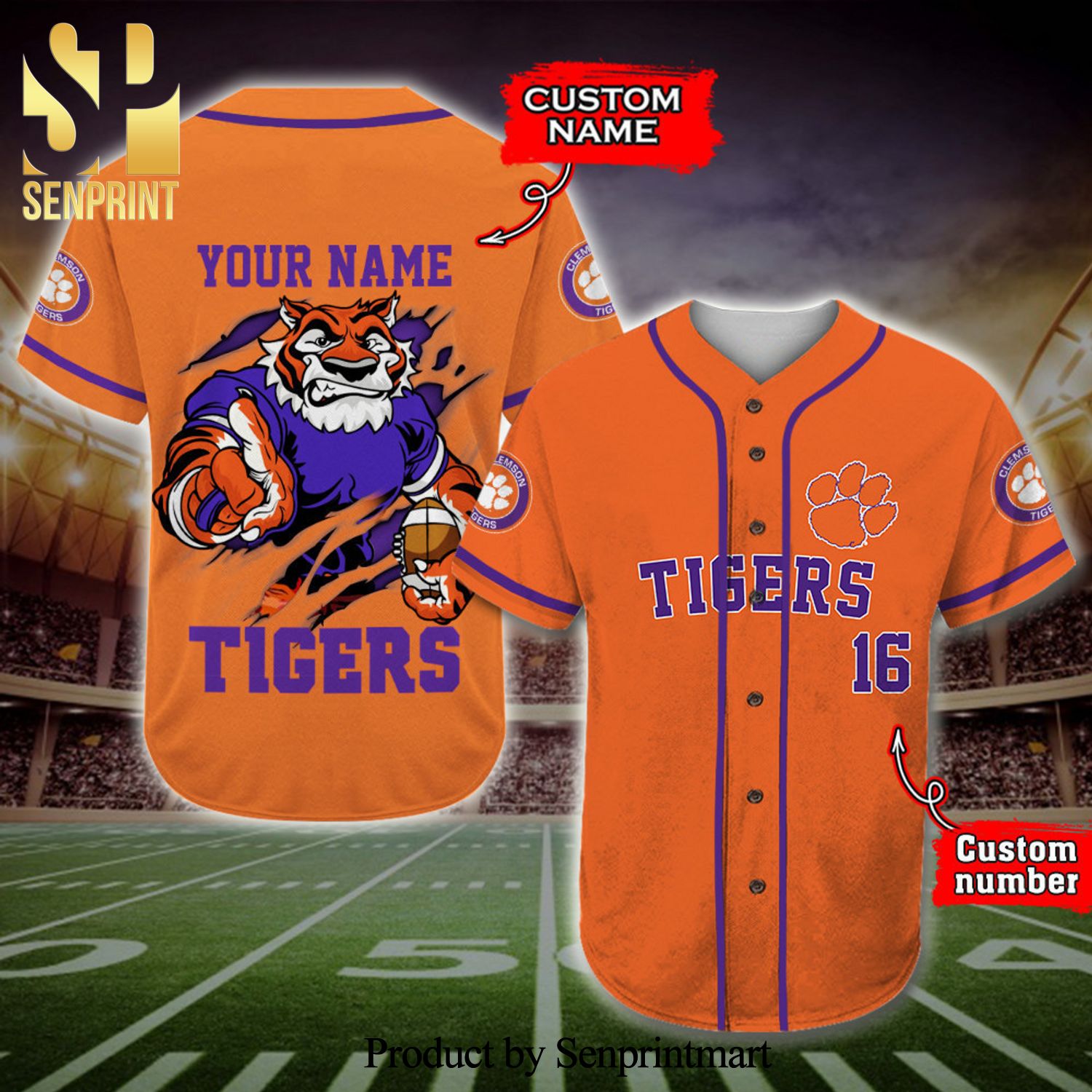 Personalized Clemson Tigers Mascot Full Printing Baseball Jersey - Orange