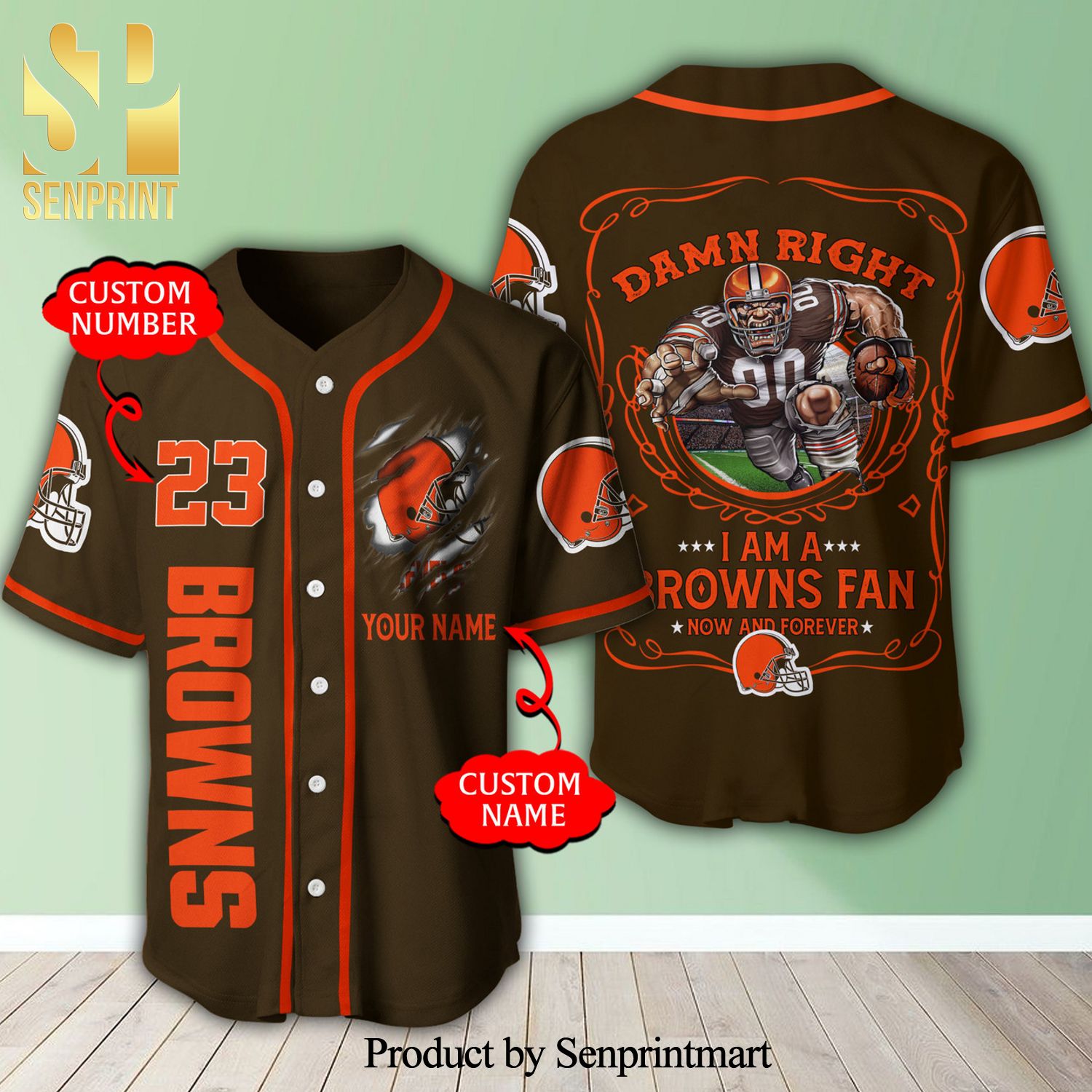 Personalized Cleveland Browns Damn Right Mascot Full Printing Baseball Jersey