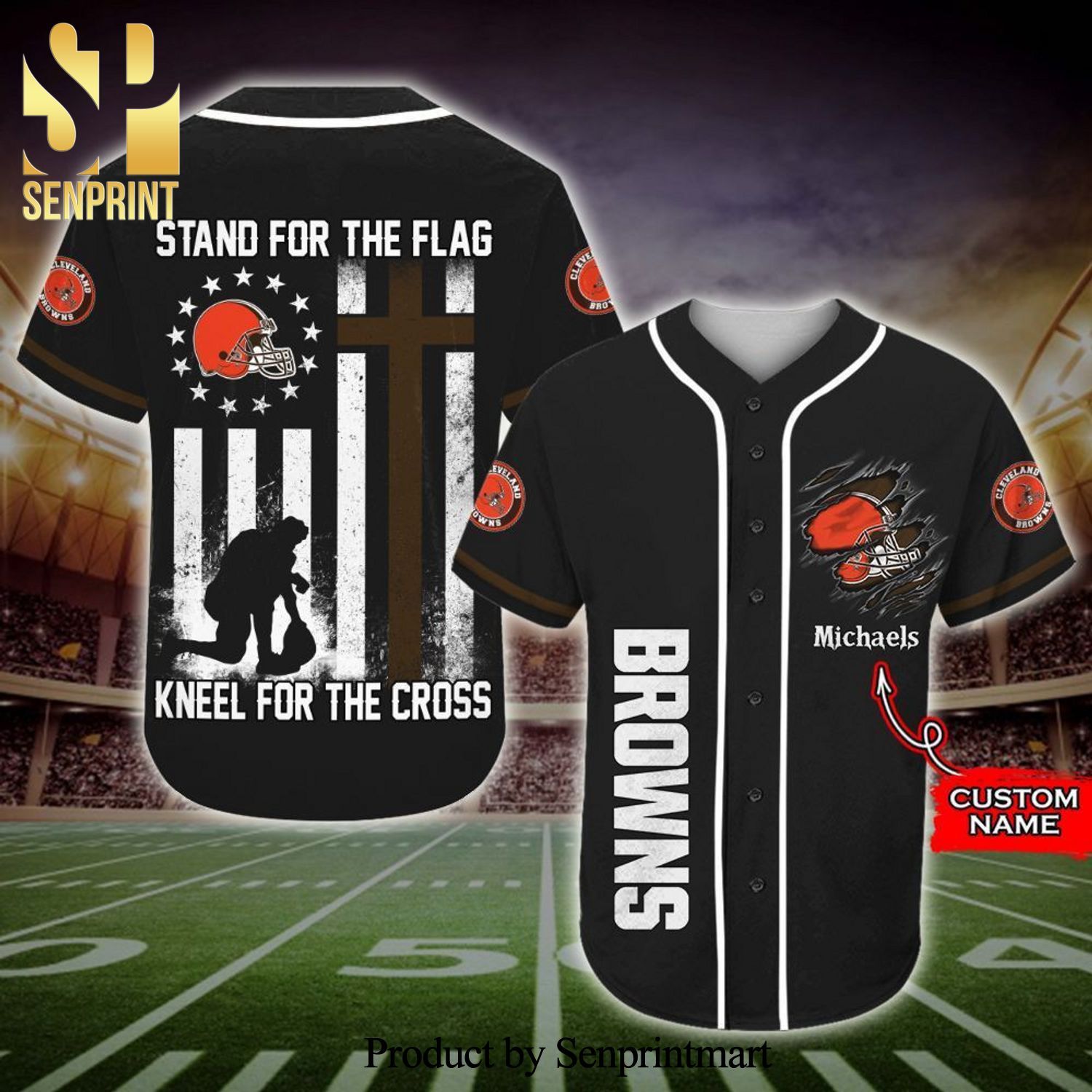Personalized Cleveland Browns Stand For The Flag Kneel For The Cross Full Printing Baseball Jersey – Black