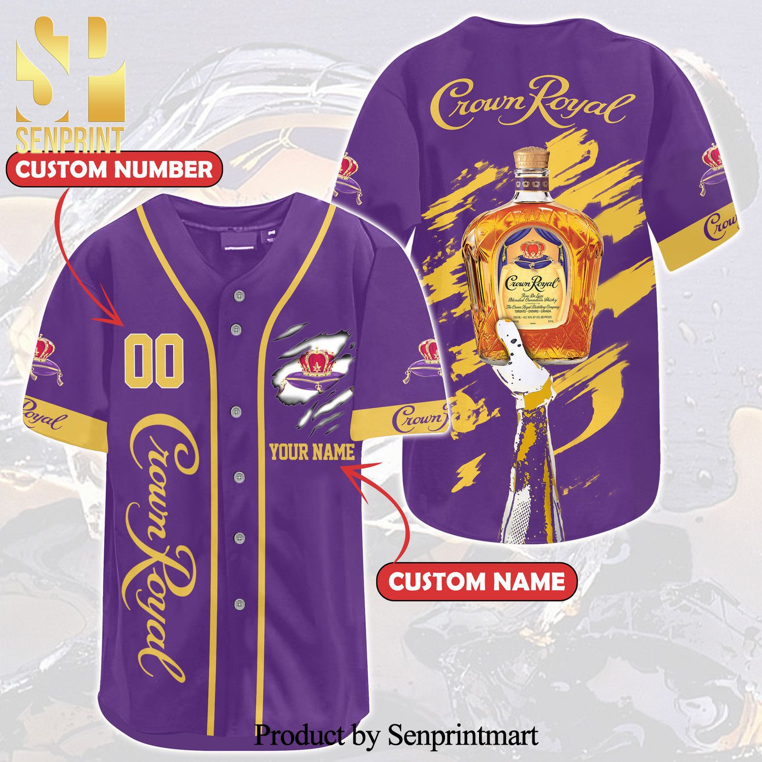 Personalized Crown Royal All Over Print Unisex Baseball Jersey - Purple Yellow