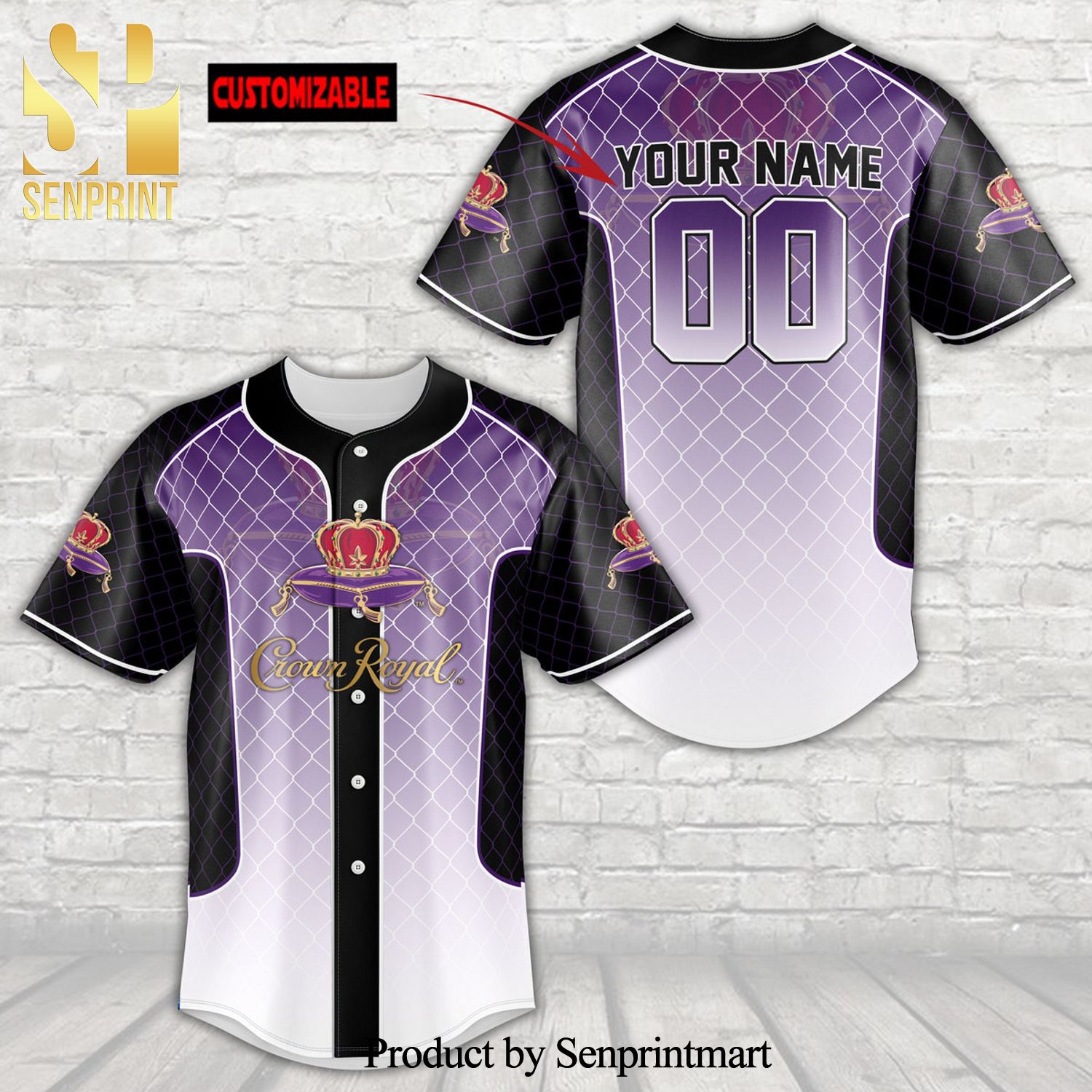 Personalized Crown Royal Canadian Whisky All Over Print Trellis Unisex Baseball Jersey - Black Purple