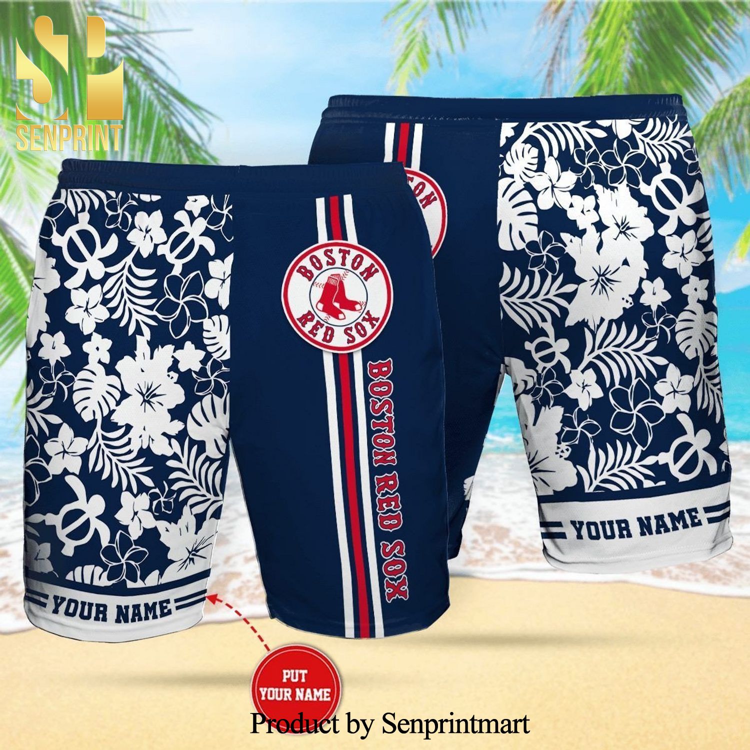 Personalized Boston Red Sox Full Printing Flowery Summer Beach Shorts – Navy