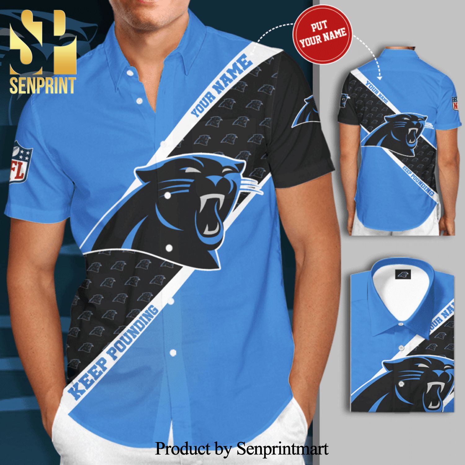 Personalized Carolina Panthers Full Printing Short Sleeve Dress Shirt Hawaiian Summer Aloha Beach Shirt – Light Blue Black